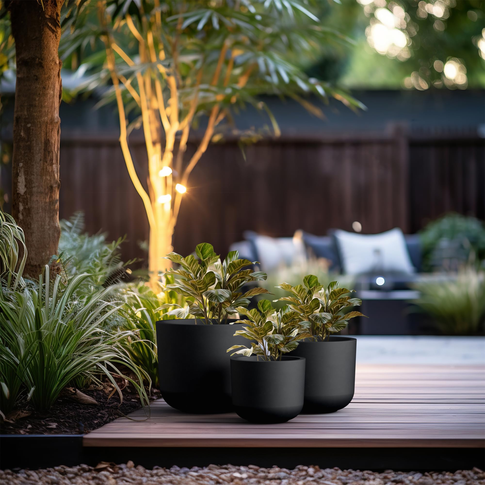 Kante 13",11",9" Dia Black Round Planters (Set of 3), Outdoor Indoor Modern Planter Pots, Lightweight, Weather Resistant, Seamless with Drainage Hole - Image 4