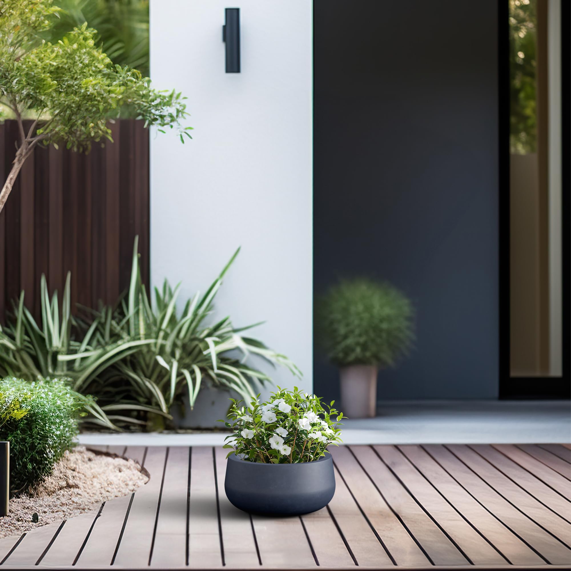 Kante 11.8" Dia Round Concrete Planter, Cement Plant Pots with Drainage Hole and Rubber Plug for Outdoor Indoor Garden Home, Modern Curvaceous Design, Dark Gray - Image 5