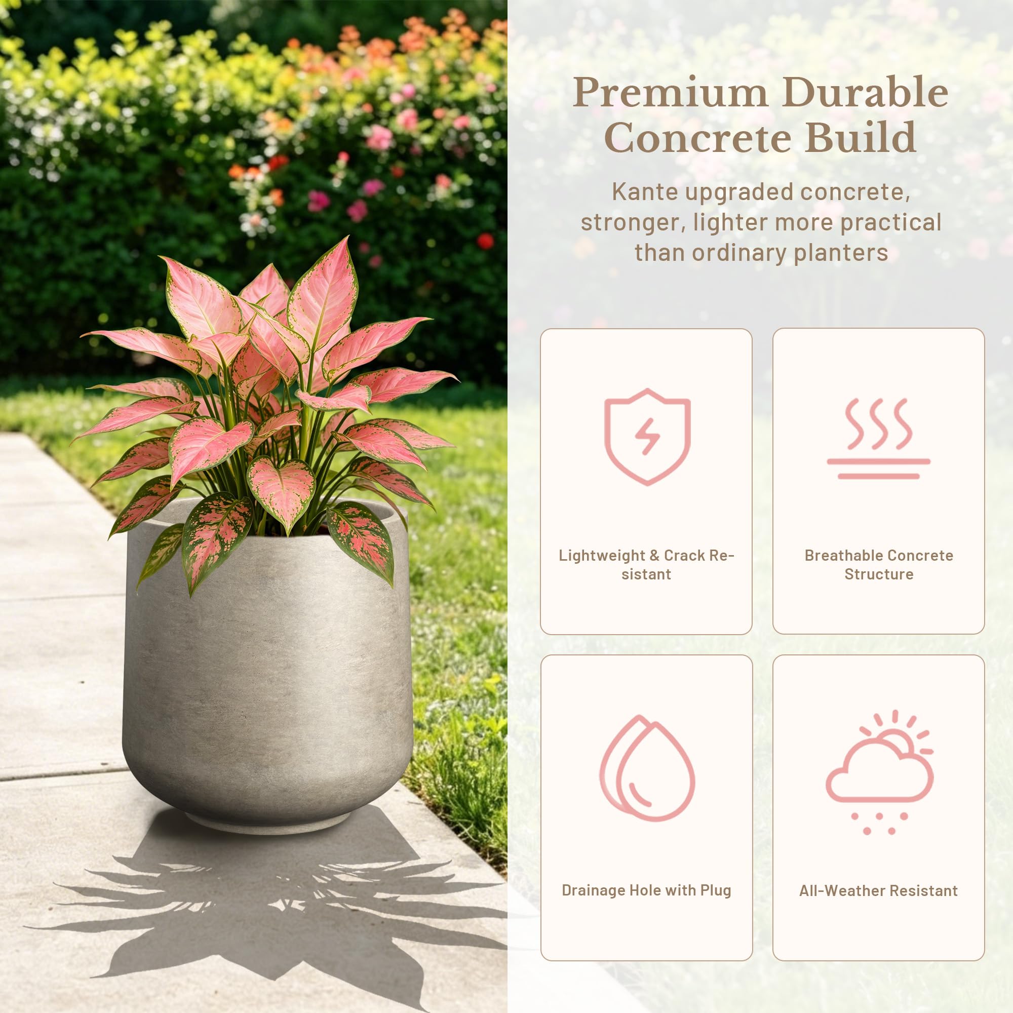 Kante Round Concrete Planter, 13" Tall Modern Pot for Home Decor Buff - Image 3