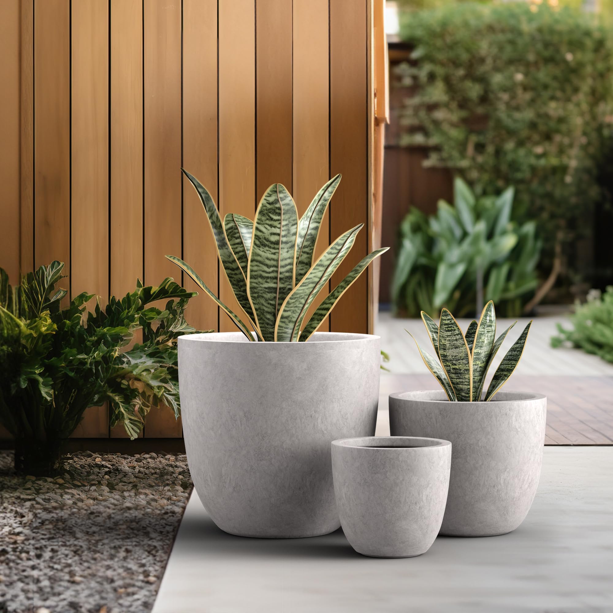 Kante 18",14",10" Dia Concrete Round Planters (Set of 3), Outdoor Indoor Large Planter Pots with Drainage Hole and Rubber Plug for Home Patio Garden, Light Gray - Image 5