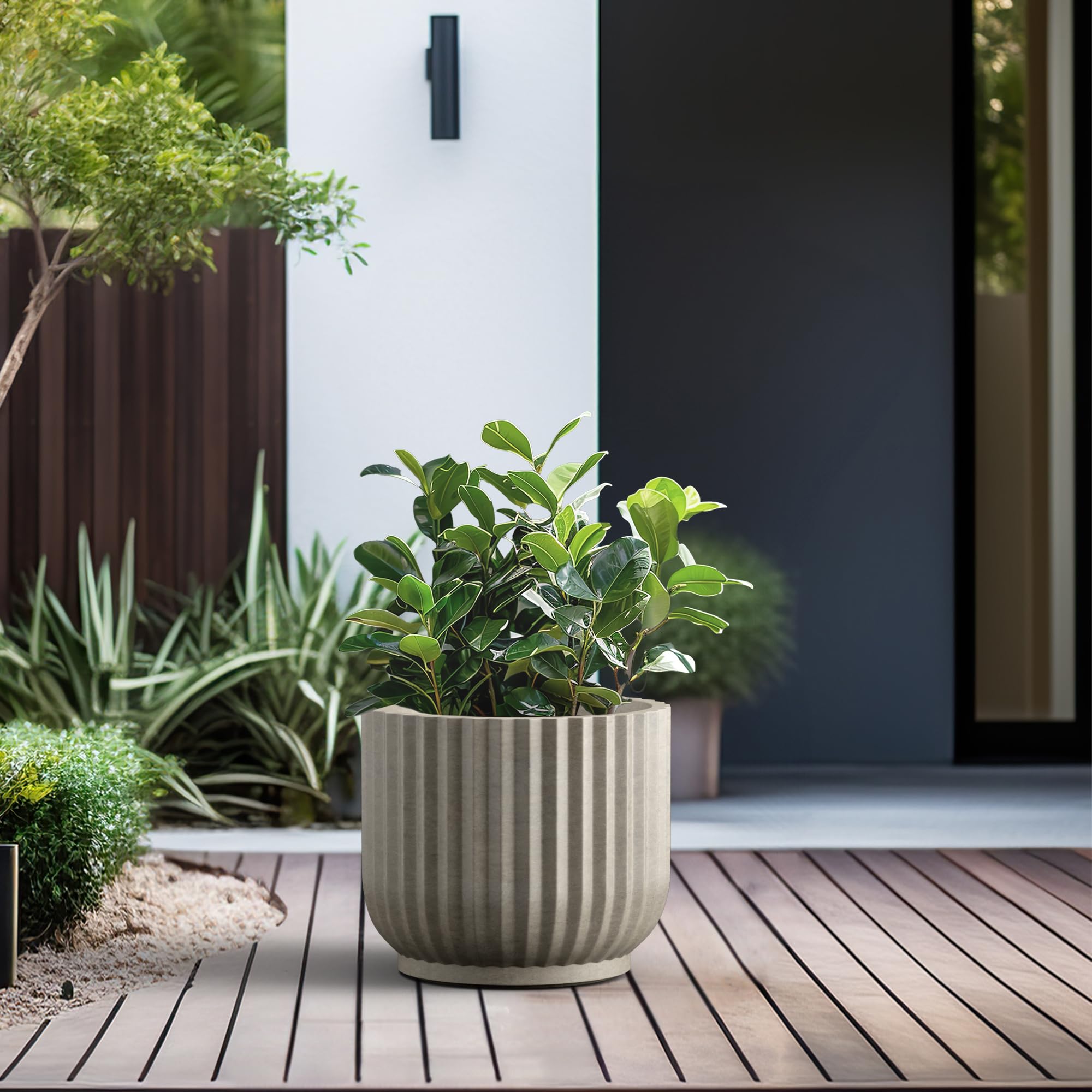 Kante Round Fulted Planter, 14 Inch Dia Large Concrete Plant Pots with Drainage Hole and Rubber Plug, Modern Decor for Indoor Outdoor Plants, Flower, Weathered Concrete - Image 4