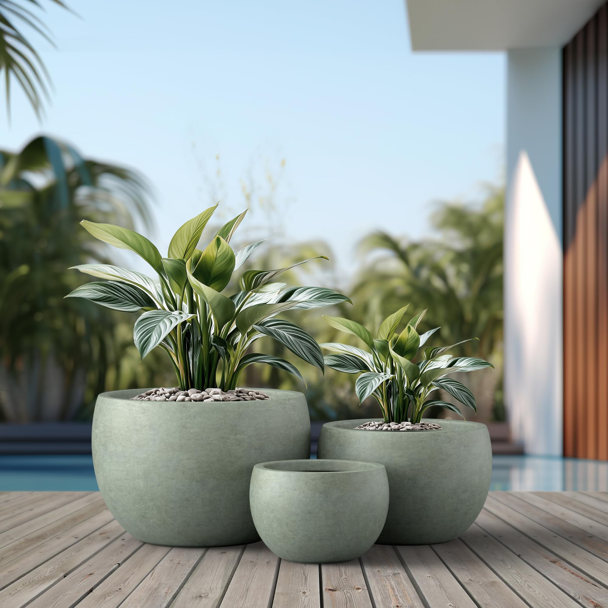 Kante 19.9",15.7",11.8" Dia Round Concrete Planter Set of 3, Outdoor/Indoor Large Bowl Plant Pots with Drainage Hole and Rubber Plug for Garden Patio Balcony Home, Mint Green - Image 3