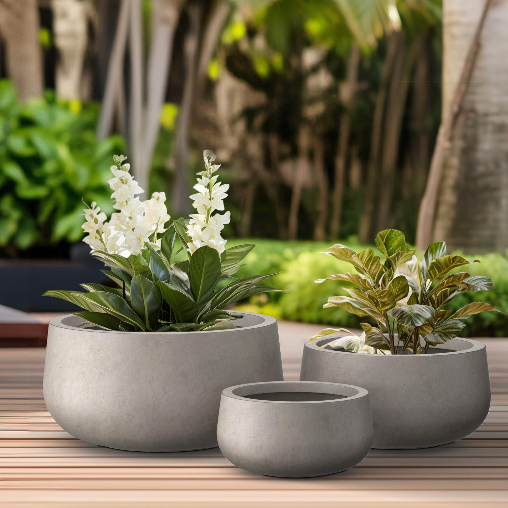 Kante 19.6",15.7",11.8" Dia Round Concrete Planters Set of 3, Outdoor Indoor Large Plant Pots with Drainage Hole, Modern Curvaceous Design, Weathered Concrete - Image 5