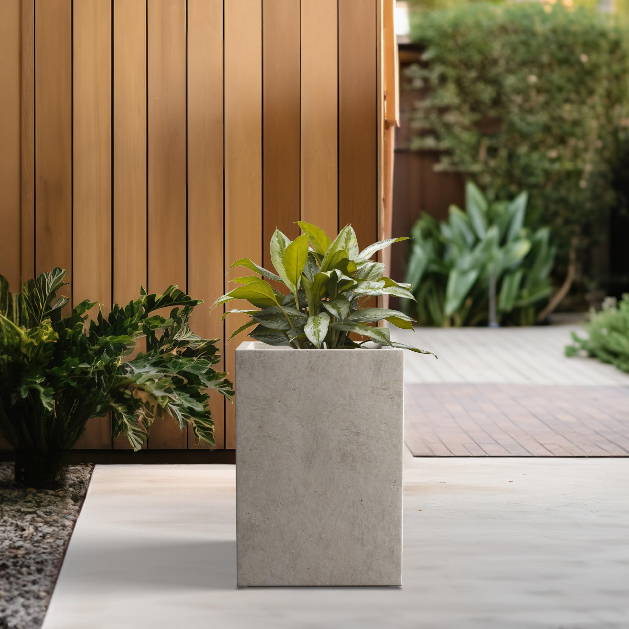 Kante 12.6" H Tall Rectangular Concrete Planters, Outdoor Indoor Lightweight Plant Pots with Drainage Hole and Rubber Plug, Modern Style for Home Garden Patio, Weathered Concrete - Image 5