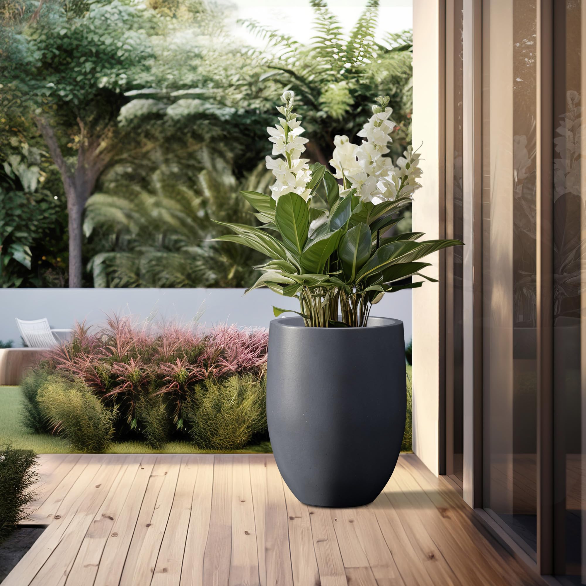 Kante 21.7" H Dark Gray Concrete Tall Planter, Large Outdoor Indoor Decorative Pot with Drainage Hole and Rubber Plug, Modern Round Style for Home and Garden - Image 5