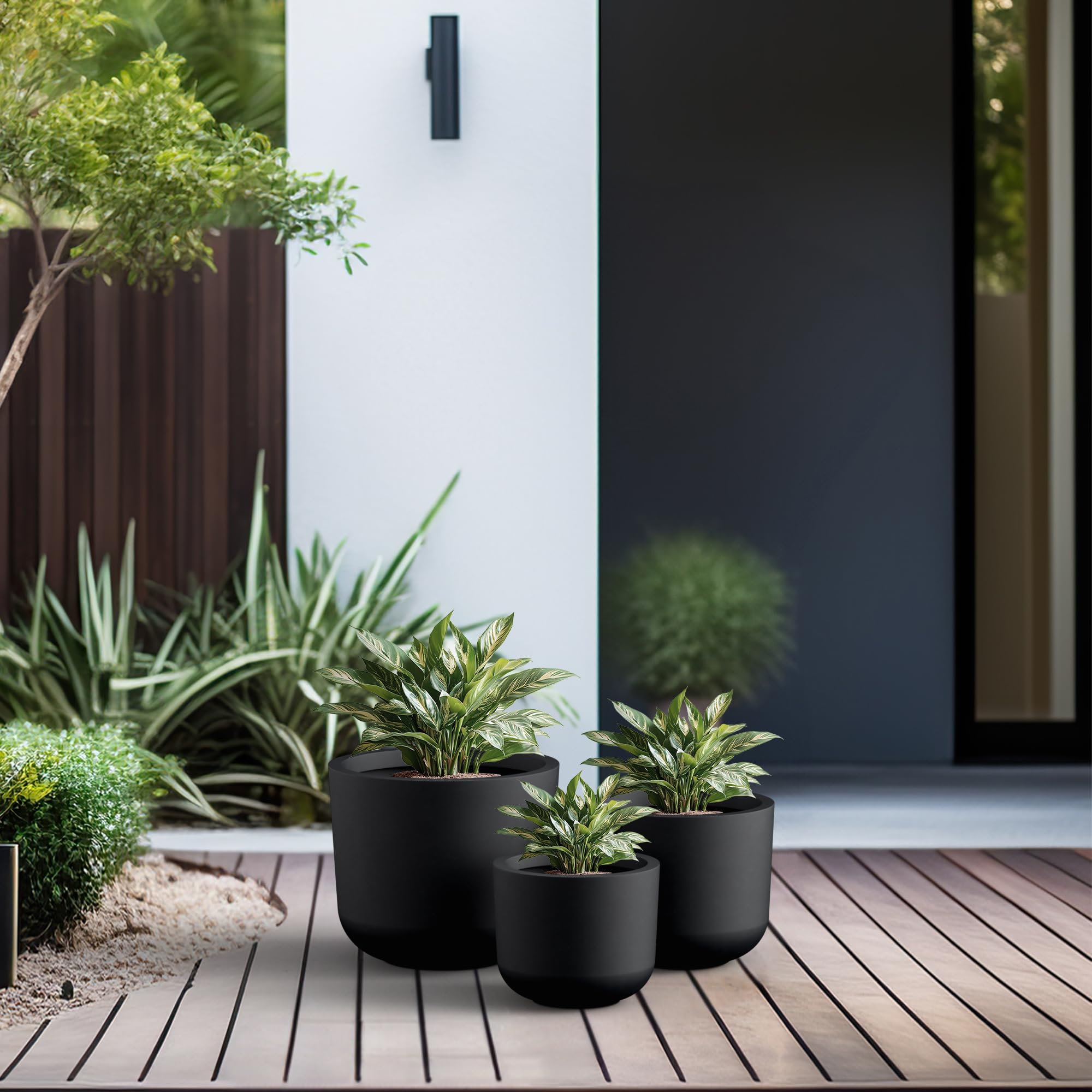 Kante 13",11",9" Dia Black Round Planters (Set of 3), Outdoor Indoor Modern Planter Pots, Lightweight, Weather Resistant, Seamless with Drainage Hole - Image 3