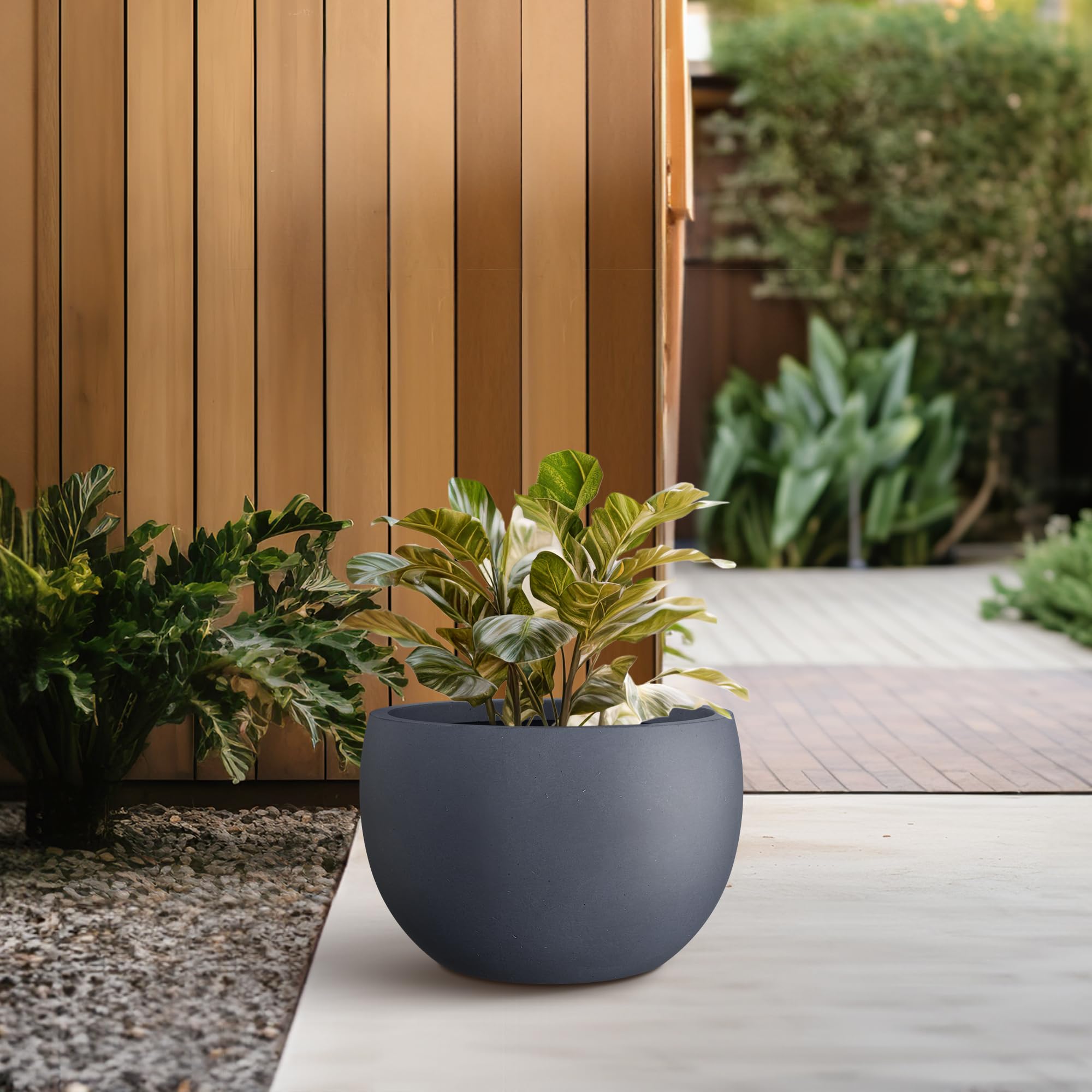Kante 11.8" Dia Round Concrete Planter, Outdoor/Indoor Large Bowl Plant Pots with Drainage Hole and Rubber Plug for Garden Patio Balcony Home, Charcoal - Image 3