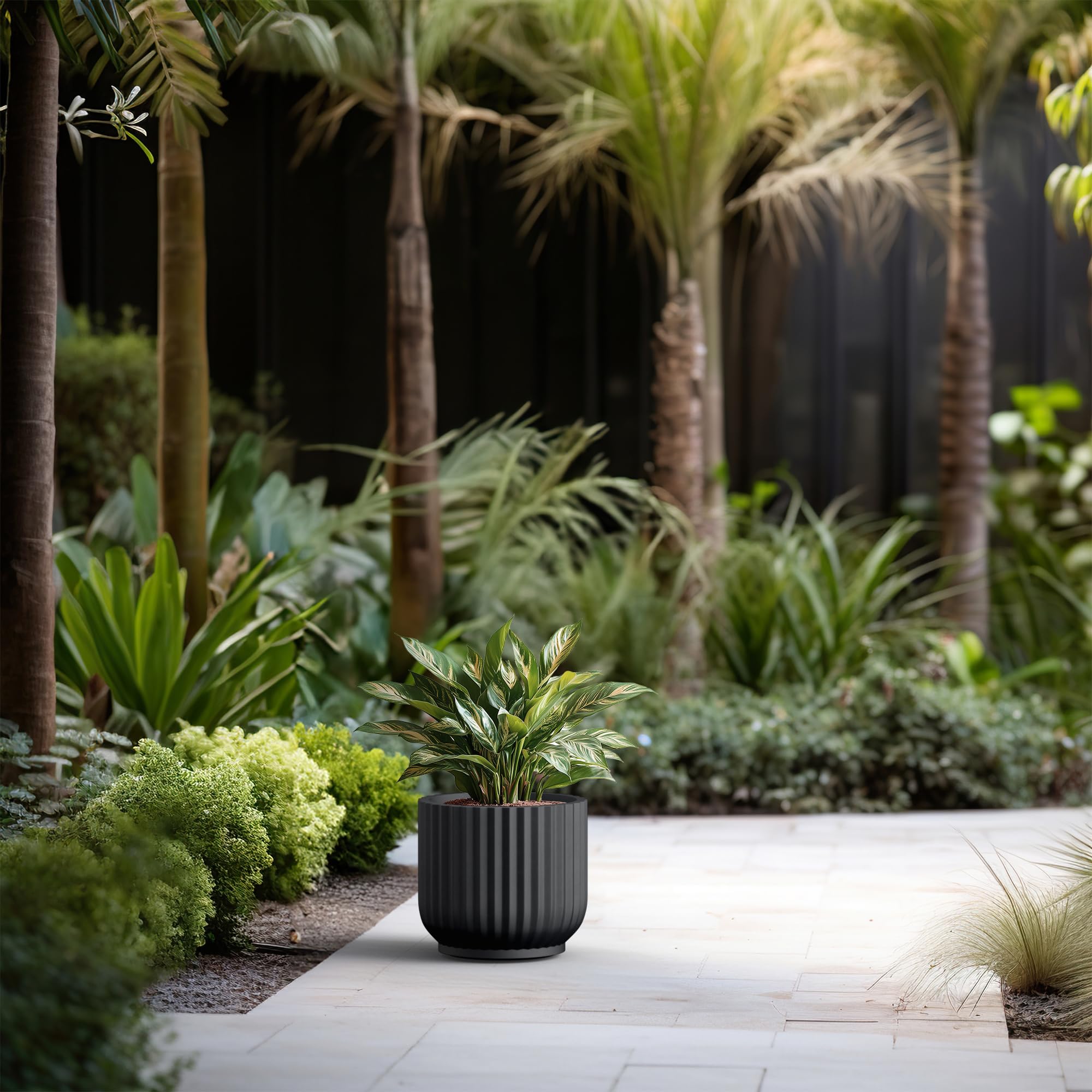 Kante Round Fulted Planter, 11 Inch Dia Large Concrete Plant Pots with Drainage Hole and Rubber Plug, Modern Decor for Indoor Outdoor Plants, Flower, Black - Image 6