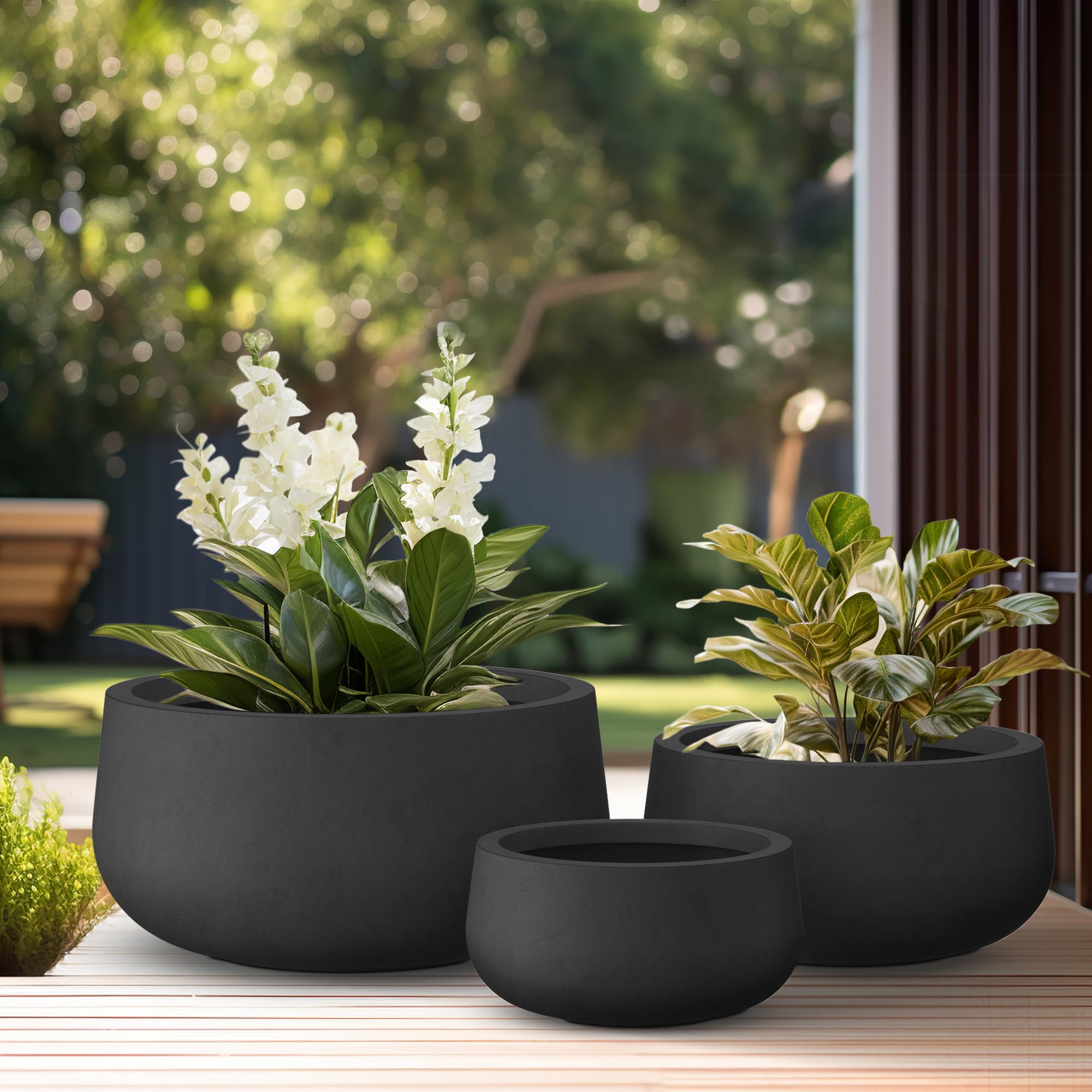 Kante 19.6",15.7",11.8" Dia Round Concrete Planters Set of 3, Outdoor Indoor Garden Plant Pots with Drainage Hole and Rubber Plug, Modern Curvaceous Design, Black - Image 4