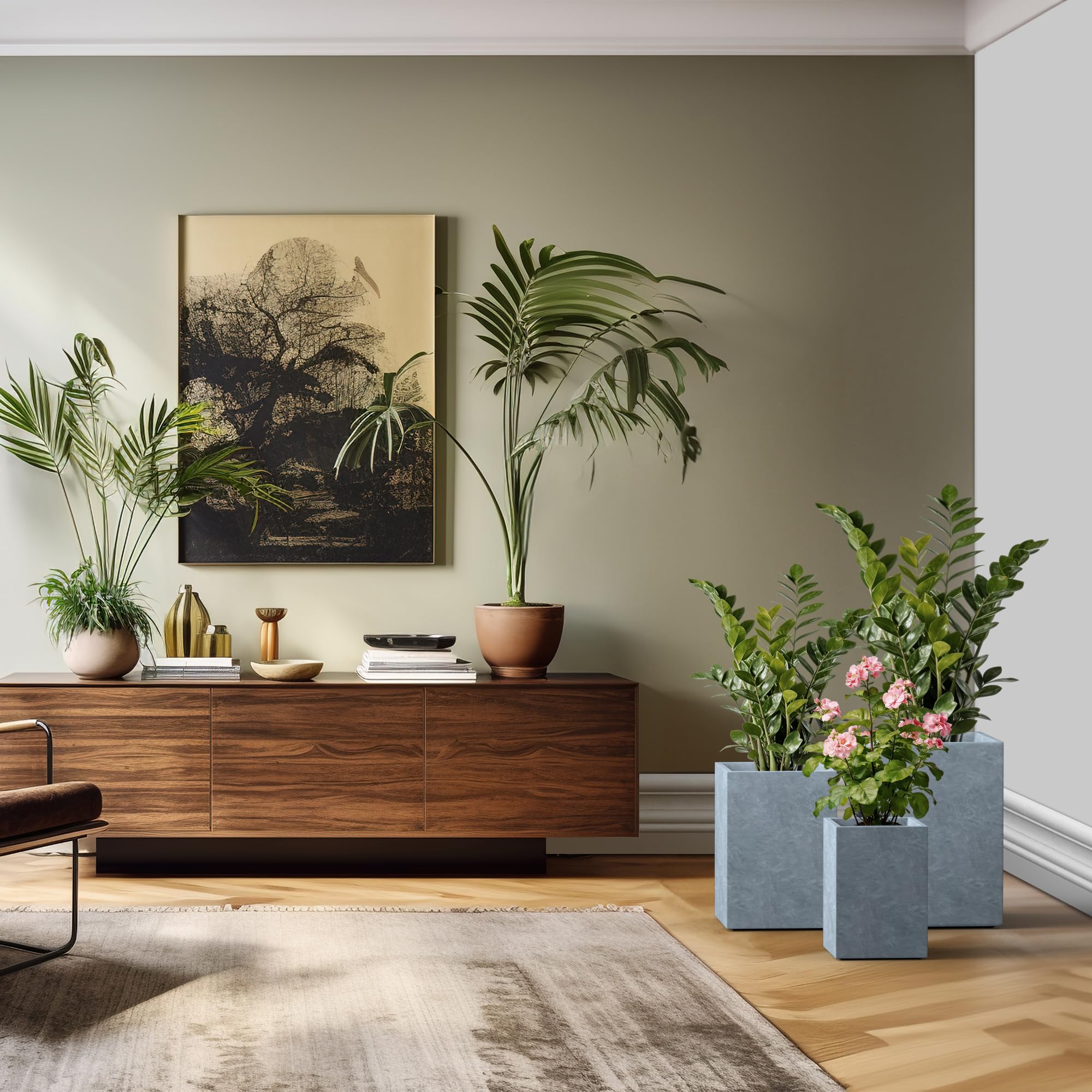 Kante 18.5",15.7",12.6" H Tall Rectangular Concrete Planters Set of 3, Outdoor Indoor Lightweight Plant Pots with Drainage Hole and Rubber Plug, Modern Style for Home Garden Patio, Slate Gray - Image 6