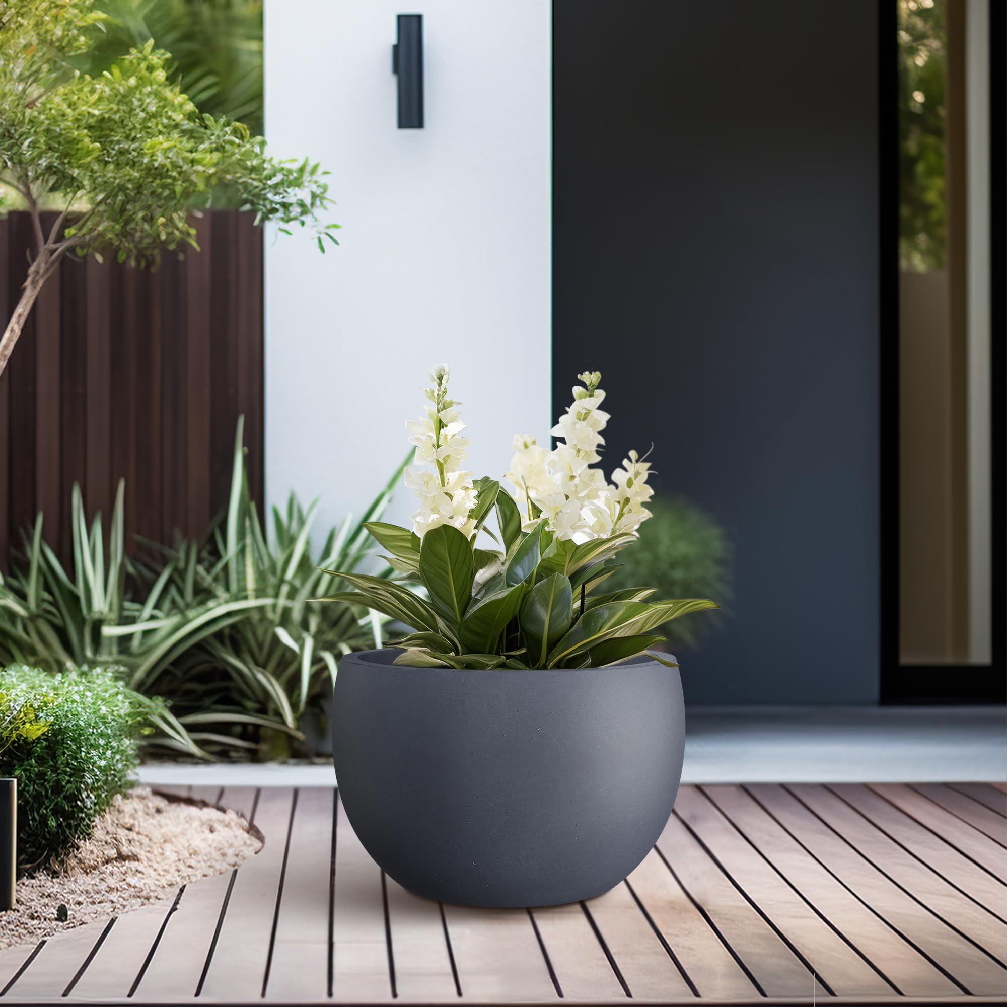 Kante 11.8" Dia Round Concrete Planter, Outdoor/Indoor Large Bowl Plant Pots with Drainage Hole and Rubber Plug for Garden Patio Balcony Home, Charcoal - Image 4
