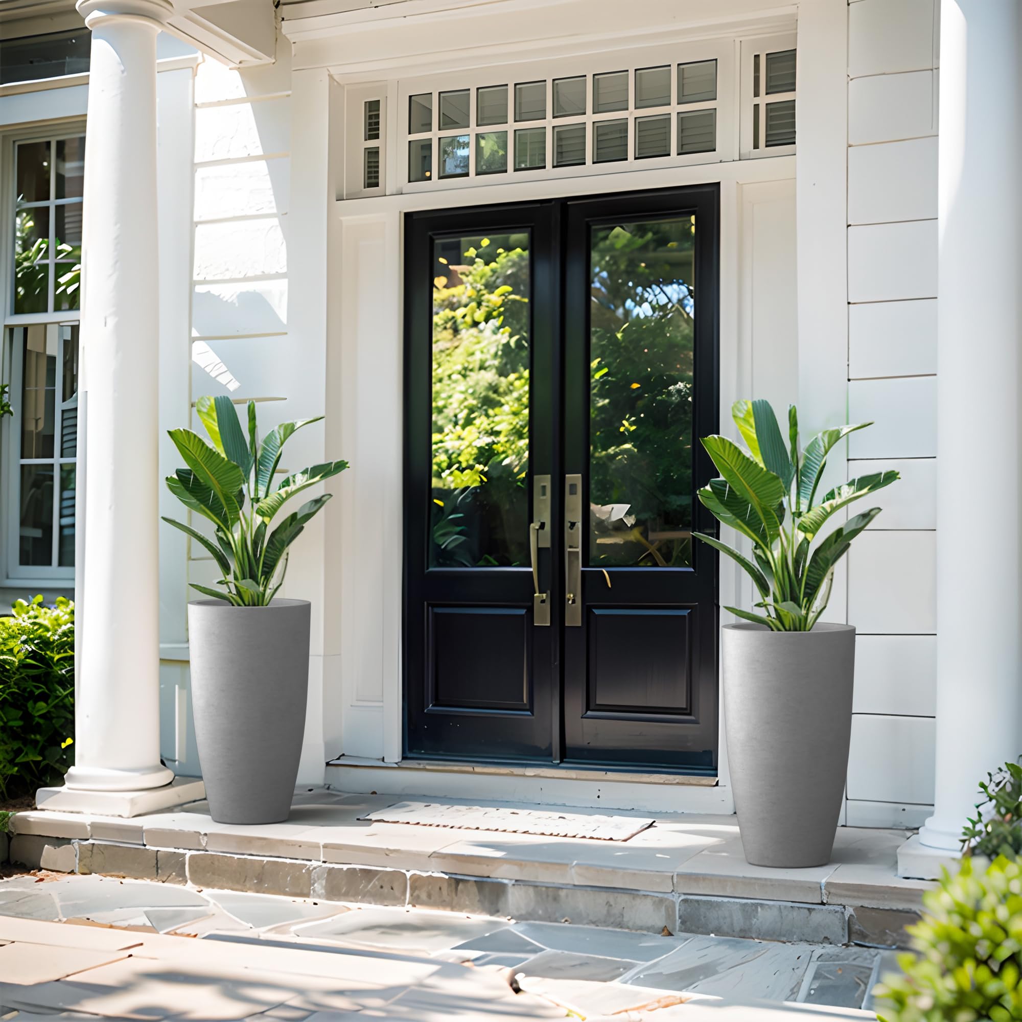 Kante 23.6" H Natural Concrete Tall Planters (Set of 2), Large Outdoor Indoor Decorative Plant Pots with Drainage Hole and Rubber Plug, Modern Style for Home and Garden - Image 5