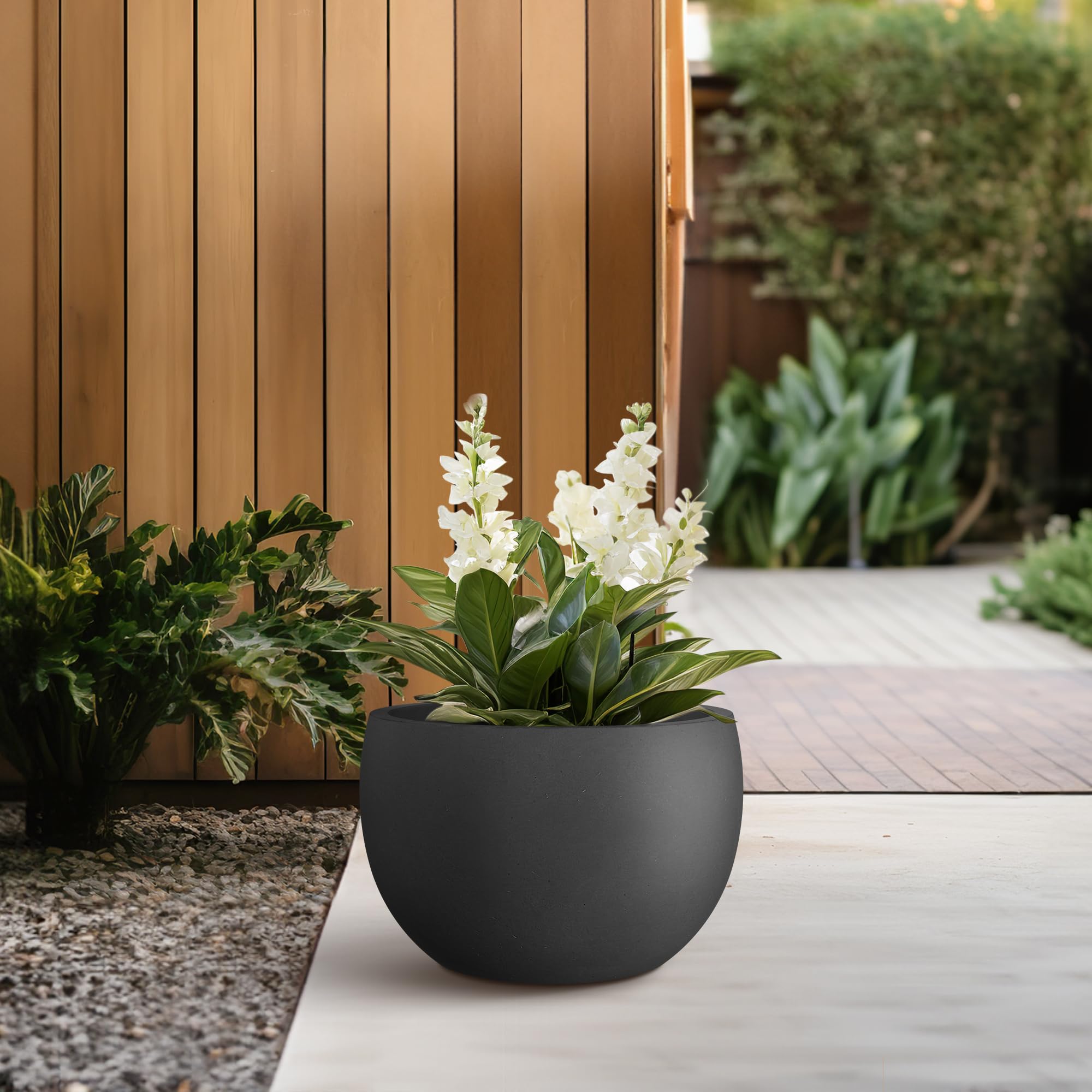 Kante 11.8" Dia Round Concrete Planter, Outdoor/Indoor Large Bowl Plant Pots with Drainage Hole and Rubber Plug for Garden Patio Balcony Home, Black - Image 5