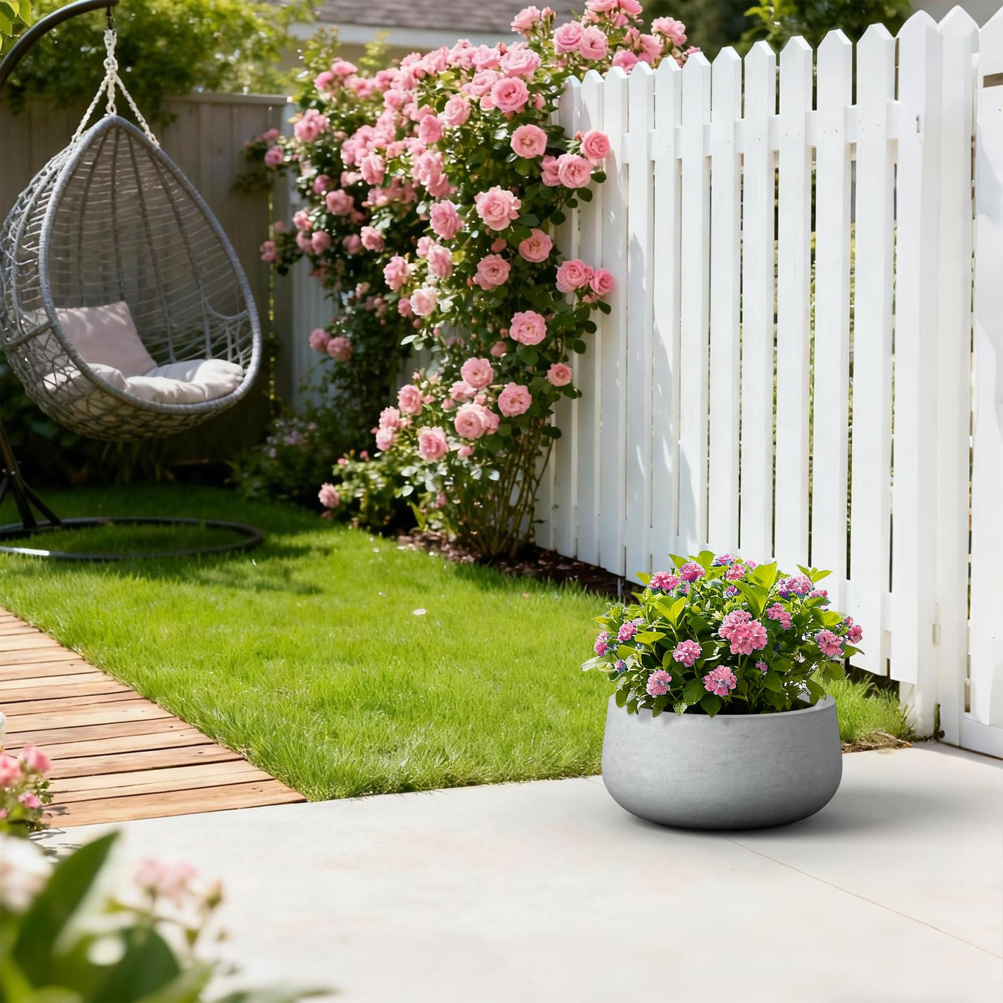 Kante 15.7" Dia Round Concrete Planter, Outdoor Indoor Garden Plant Pots with Drainage Hole and Rubber Plug, Modern Curvaceous Design, Natural Concrete - Image 3
