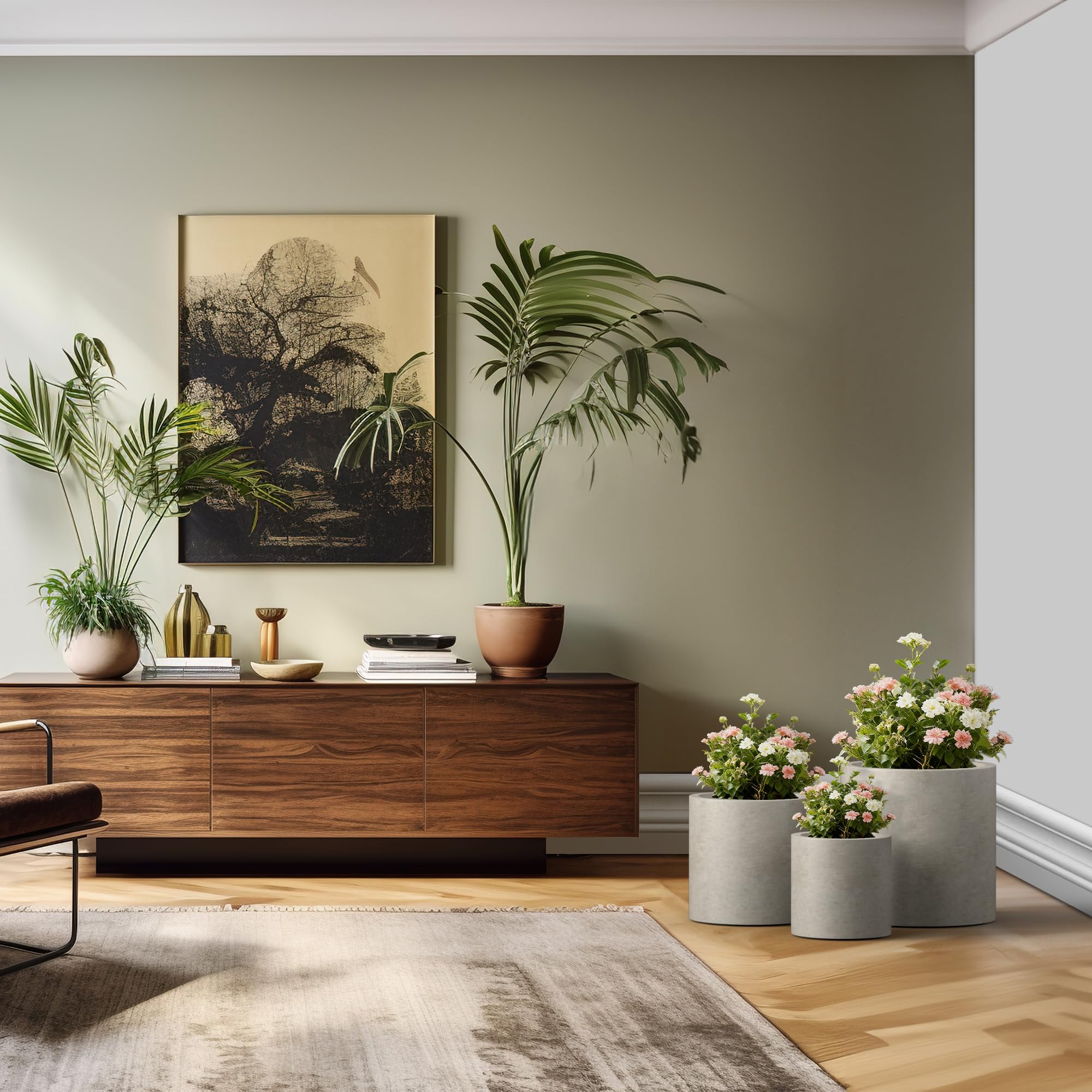 Kante Set of 3 Round Concrete Planters (9.8/12.6/15.7"), Modern Indoor Outdoor Pots with Drainage, Weathered Concrete Finish - Image 5
