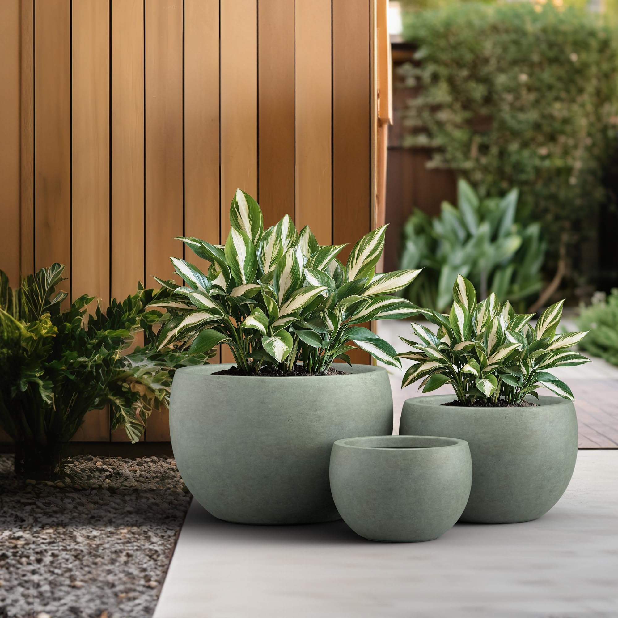 Kante 19.9",15.7",11.8" Dia Round Concrete Planter Set of 3, Outdoor/Indoor Large Bowl Plant Pots with Drainage Hole and Rubber Plug for Garden Patio Balcony Home, Mint Green - Image 5
