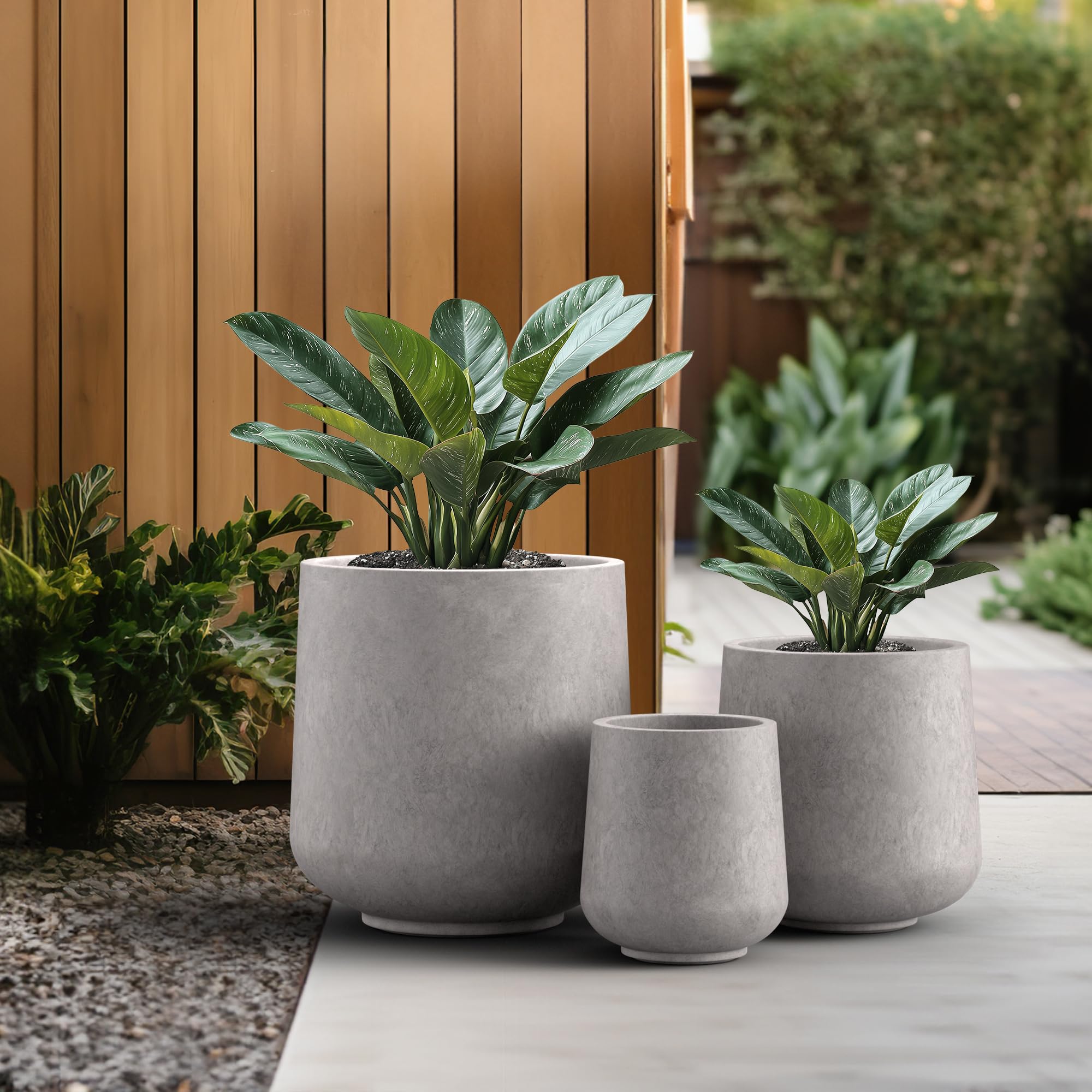 Kante 15.3"+11.6"+8.2" Dia Round Concrete Planter, Large Outdoor Indoor Planter Pots Containers with Drainage Holes and Rubber Plug for Home Garden Patio, Light Gray - Image 5