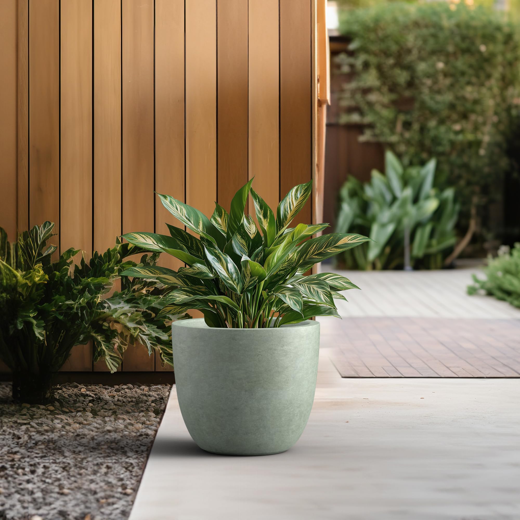 Kante 14 Inch Dia Round Concrete Planter, Indoor Outdoor Large Plant Pot with Drainage Hole and Rubber Plug for Home Patio Garden, Mint Green - Image 4