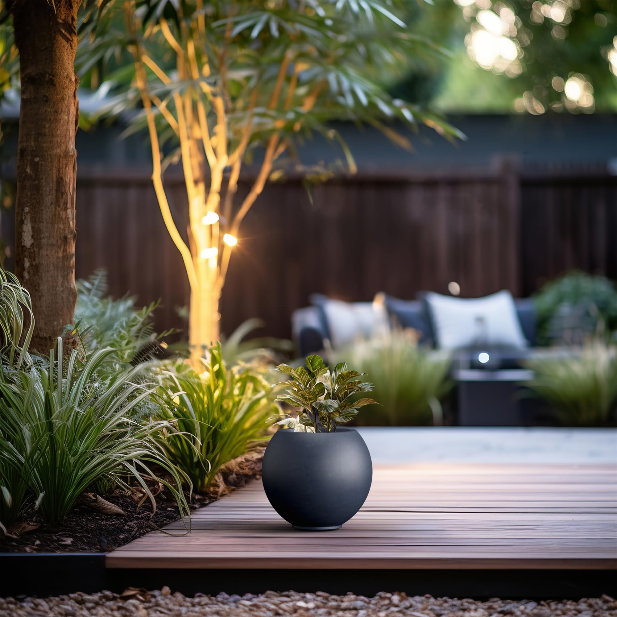 Kante Round Concrete Flower Pot, 11 Inch Dia (7.9" Opening) Sphere Shape Design Planter with Drainage Hole and Rubber Plug for Indoor & Outdoor Plants, Charcoal Finish with Painted Interior - Image 5