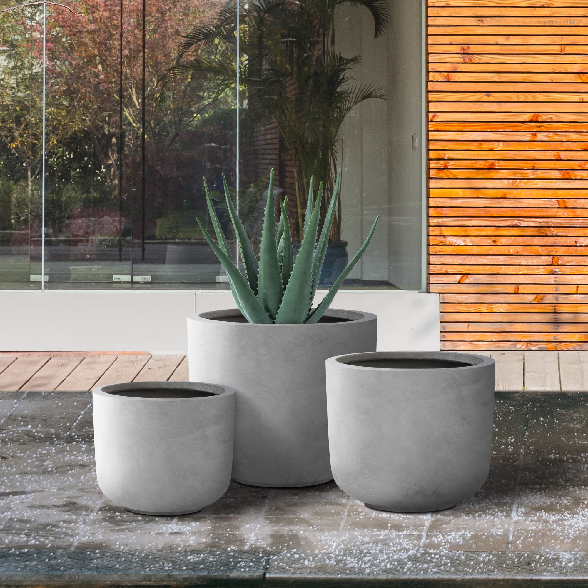 Kante 13",11",9" Dia Natural Concrete Round Planters (Set of 3), Outdoor Indoor Modern Planter Pots, Lightweight, Weather Resistant, Seamless with Drainage Hole - Image 3