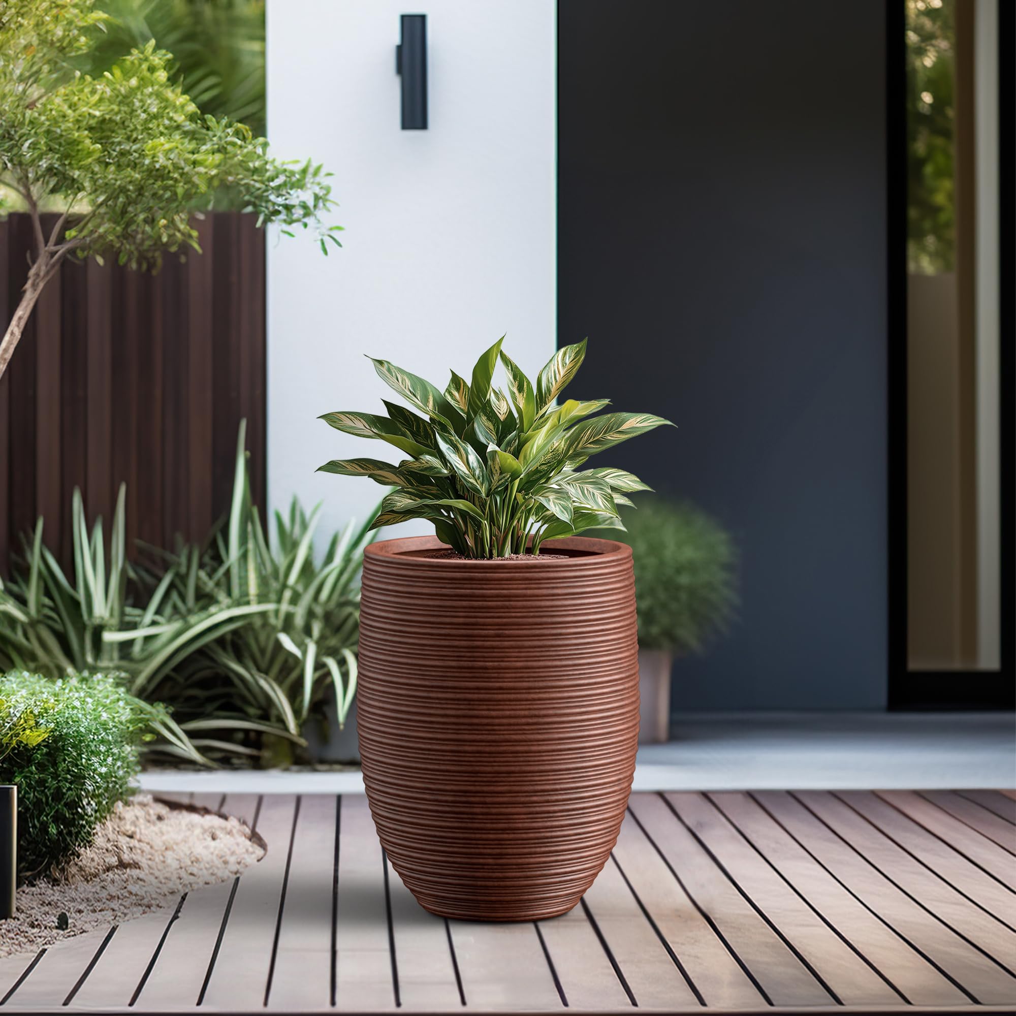 Kante 21.7 Inch Tall Textured Concrete Planter, Large Indoor Outdoor Plant Pot with Drainage, Smooth Rusty Finish with Painted Interior, Ideal for Porch, Home, Garden, Patio - Image 6