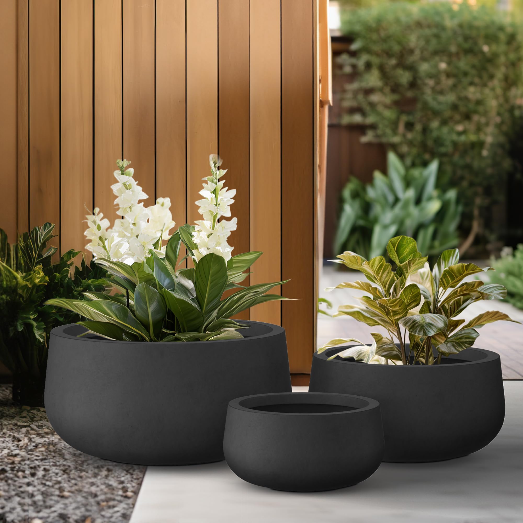 Kante 19.6",15.7",11.8" Dia Round Concrete Planters Set of 3, Outdoor Indoor Garden Plant Pots with Drainage Hole and Rubber Plug, Modern Curvaceous Design, Black - Image 5