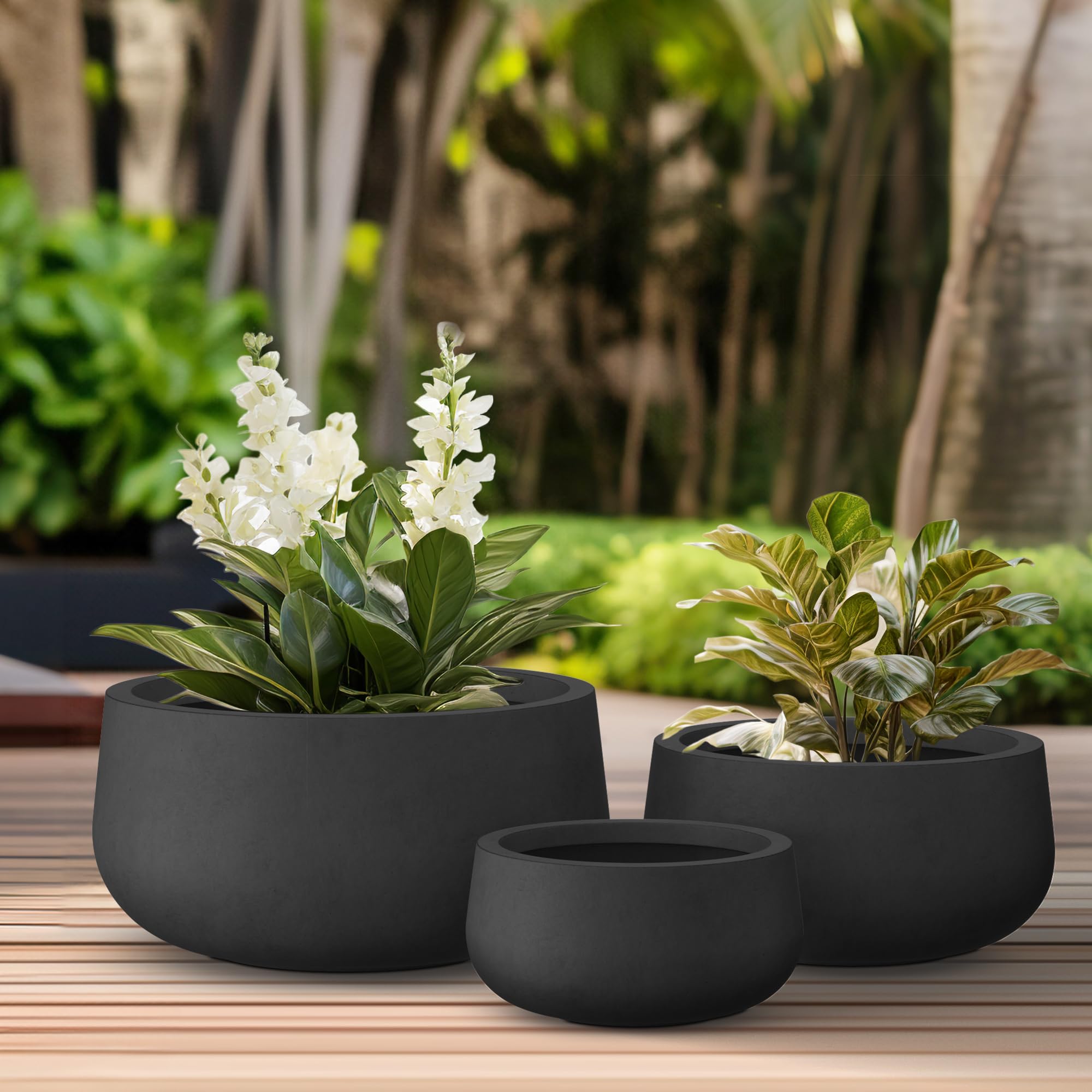 Kante 19.6",15.7",11.8" Dia Round Concrete Planters Set of 3, Outdoor Indoor Garden Plant Pots with Drainage Hole and Rubber Plug, Modern Curvaceous Design, Black - Image 3