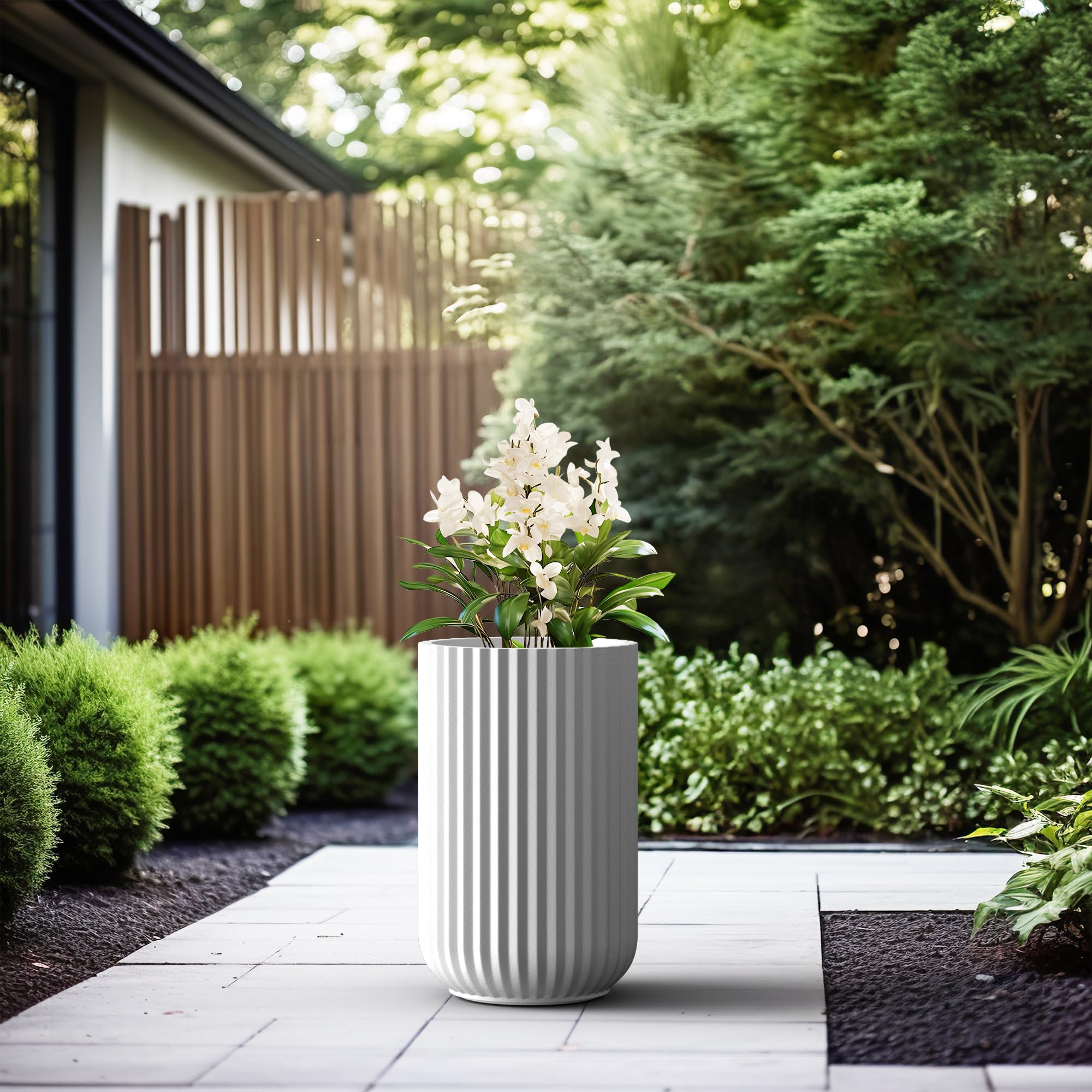 Kante Tall Fulted Planter, 17.7 Inch Tall Round Concrete Plant Pots with Drainage Hole and Rubber Plug, Modern Decor for Indoor Outdoor Plants, Flower, White - Image 3