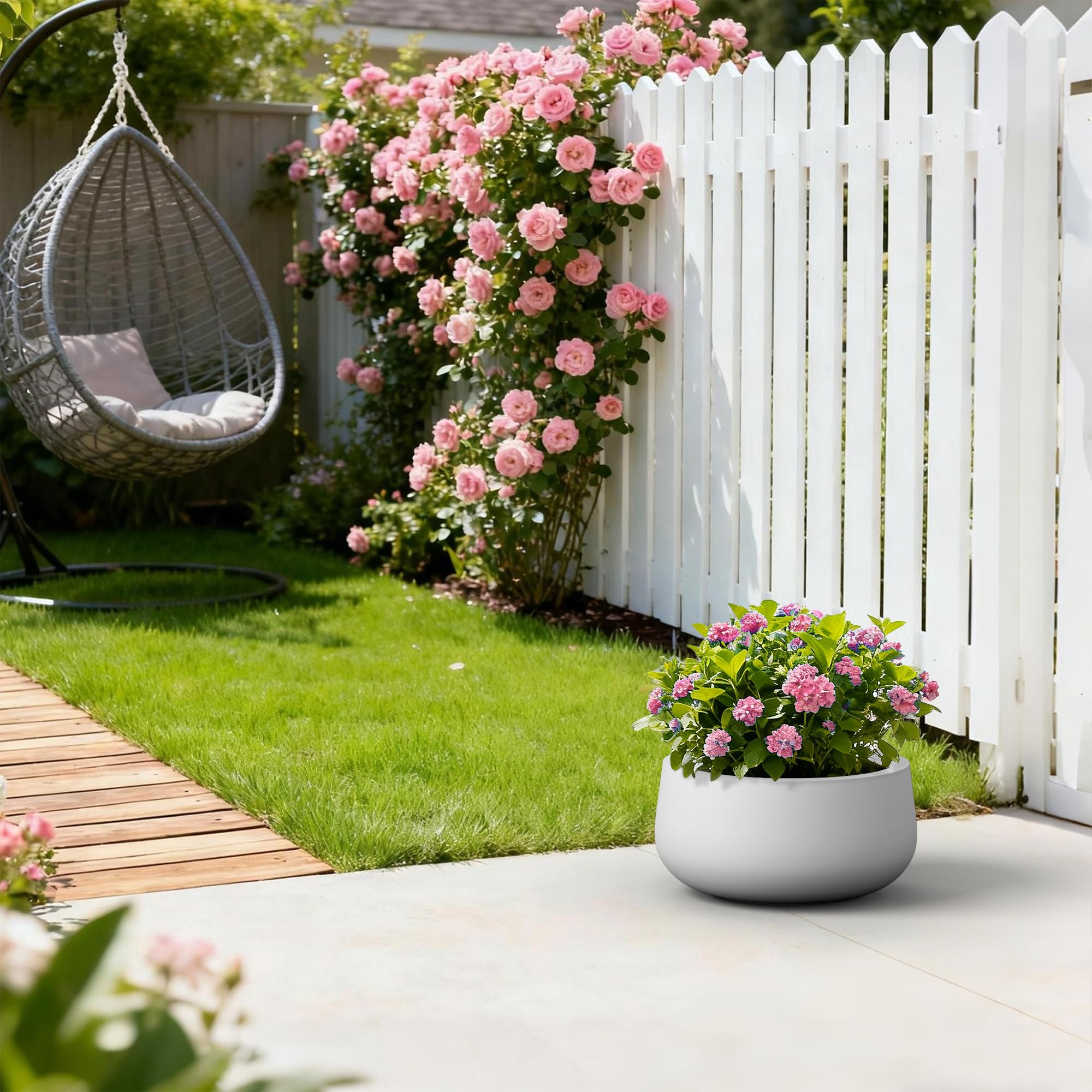 Kante 15.7" Dia Round Concrete Planter, Outdoor Indoor Garden Plant Pots with Drainage Hole and Rubber Plug, Modern Curvaceous Design, Pure White - Image 4