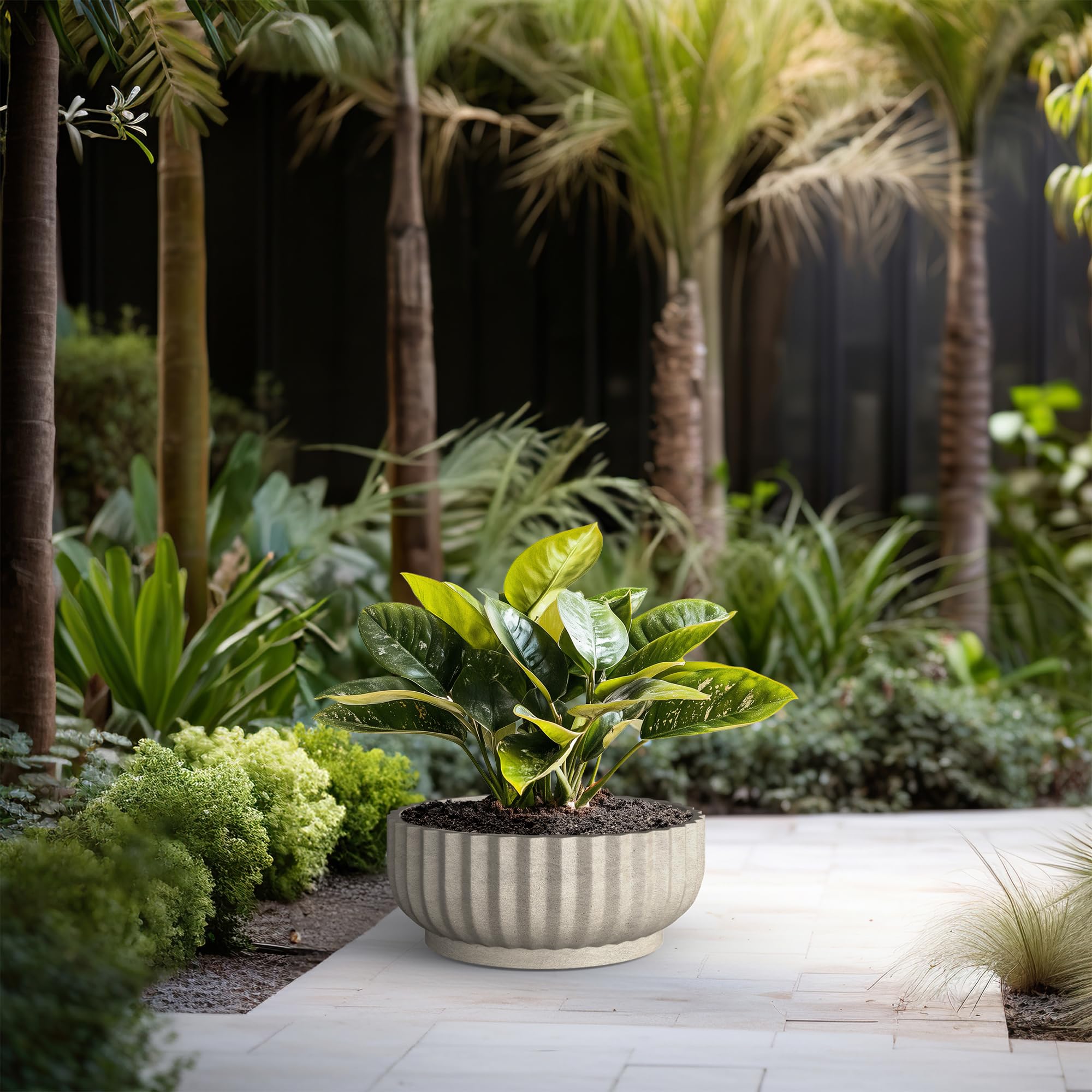 Kante Round Fulted Bowl Planter, 20.9 Inch Dia Large Concrete Flower Pots with Drainage Hole and Rubber Plug, Suitable for for Indoor Outdoor Plants, Home, Patio, Garden, Weathered Concrete - Image 4