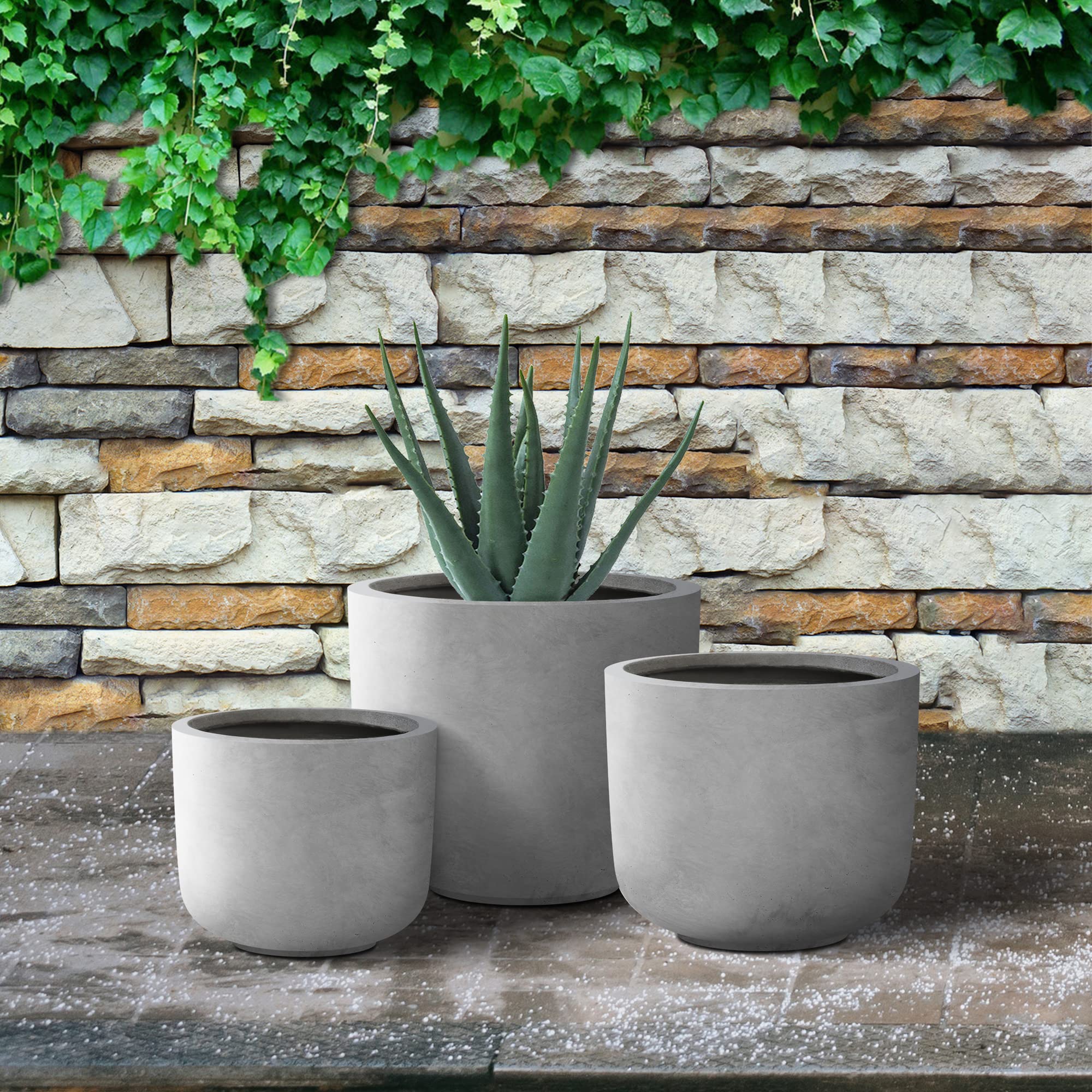 Kante 13",11",9" Dia Natural Concrete Round Planters (Set of 3), Outdoor Indoor Modern Planter Pots, Lightweight, Weather Resistant, Seamless with Drainage Hole - Image 5