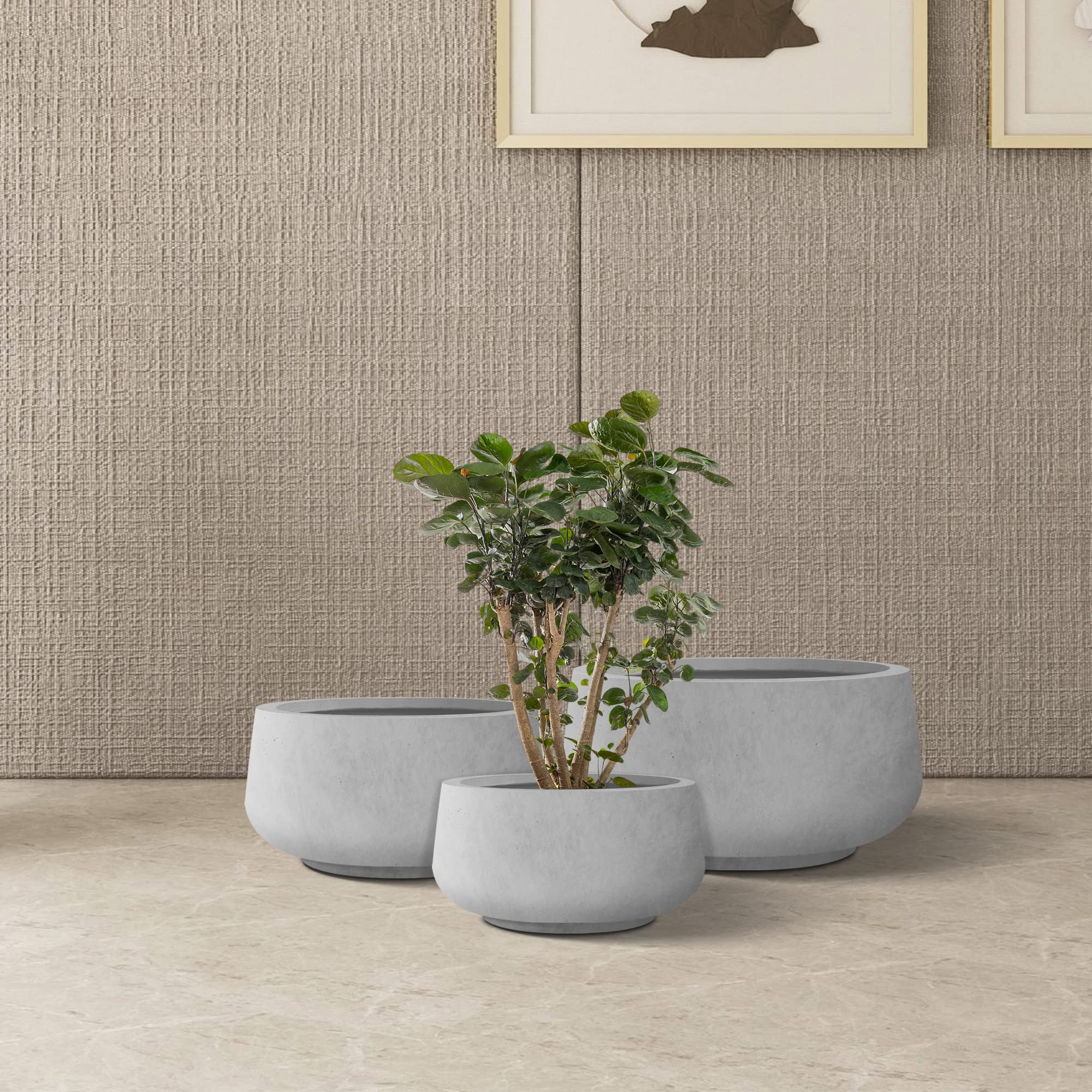 Kante 21.6",16.9",and 12.5" Dia Round Natural Concrete Elegant Planters (Set of 3), Outdoor Indoor Garden Plant Pot with Drainage Hole and Rubber Plug for Home & Patio - Image 4