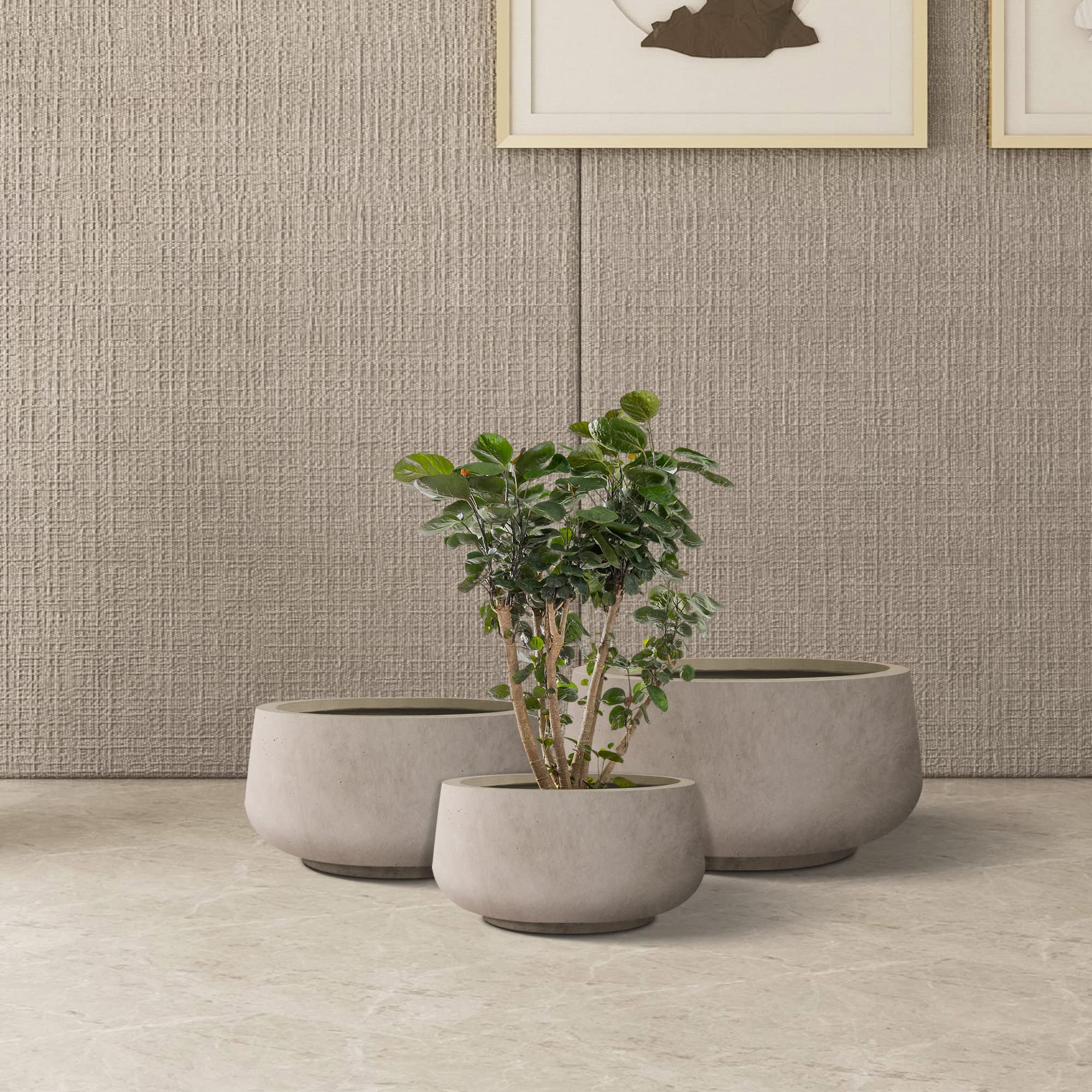 Kante 21.6",16.9",and 12.5" Dia Round Weathered Concrete Elegant Planters (Set of 3), Outdoor Indoor Garden Plant Pot with Drainage Hole and Rubber Plug for Home & Patio - Image 6
