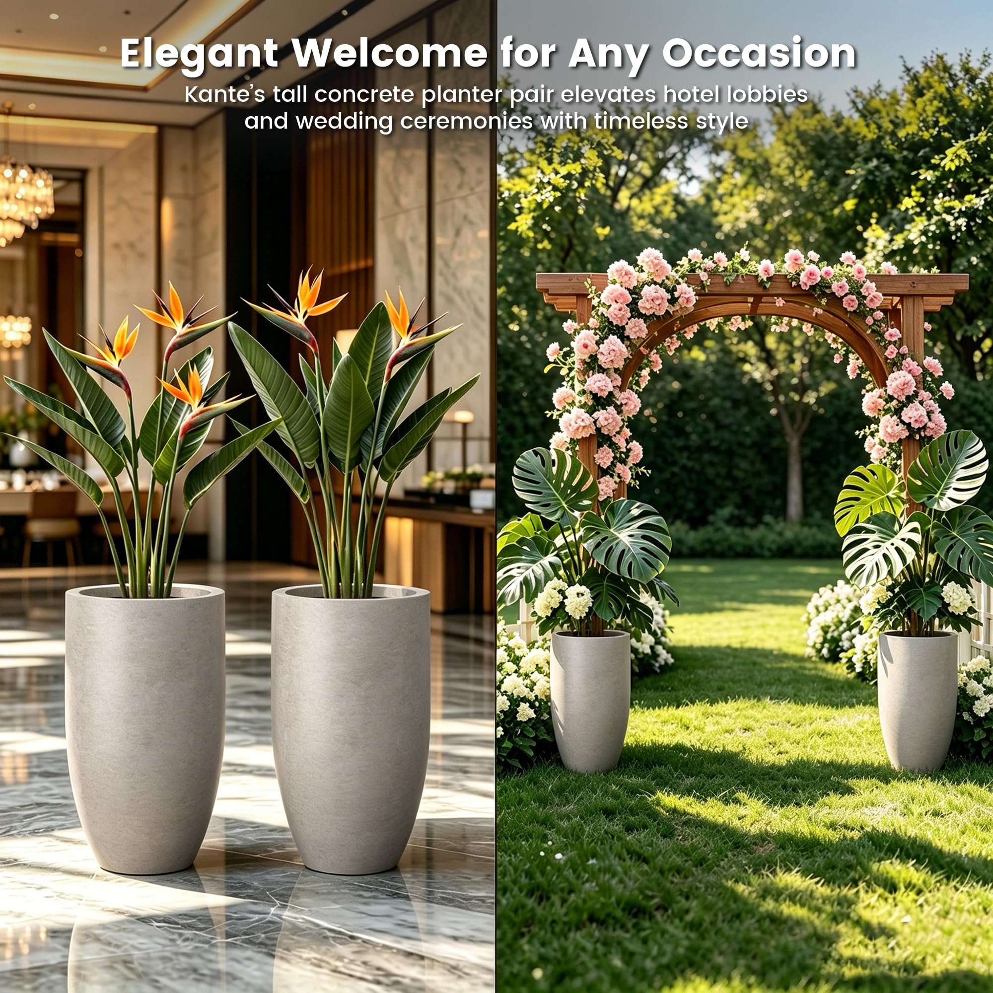 Kante 24" Tall Round Concrete Planter, 2 Pack Large Oval Plant Pots with Drainage Hole & Rubber Plug, Lightweight Weathered Concrete for Home Decor, Symmetrical Gift for Living Room Patio - Image 5