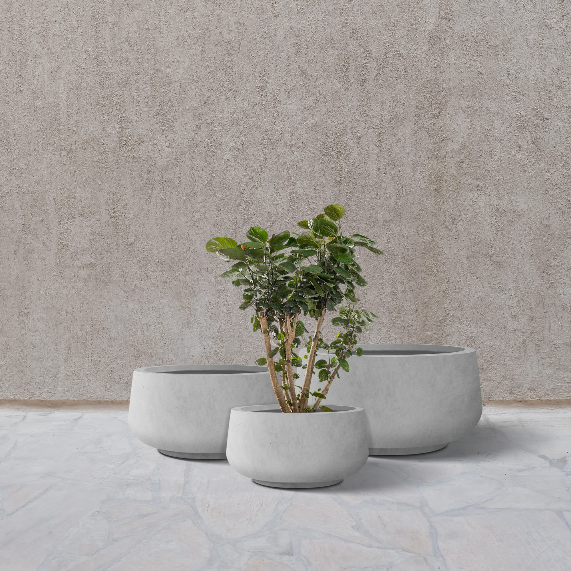 Kante 21.6",16.9",and 12.5" Dia Round Natural Concrete Elegant Planters (Set of 3), Outdoor Indoor Garden Plant Pot with Drainage Hole and Rubber Plug for Home & Patio - Image 6