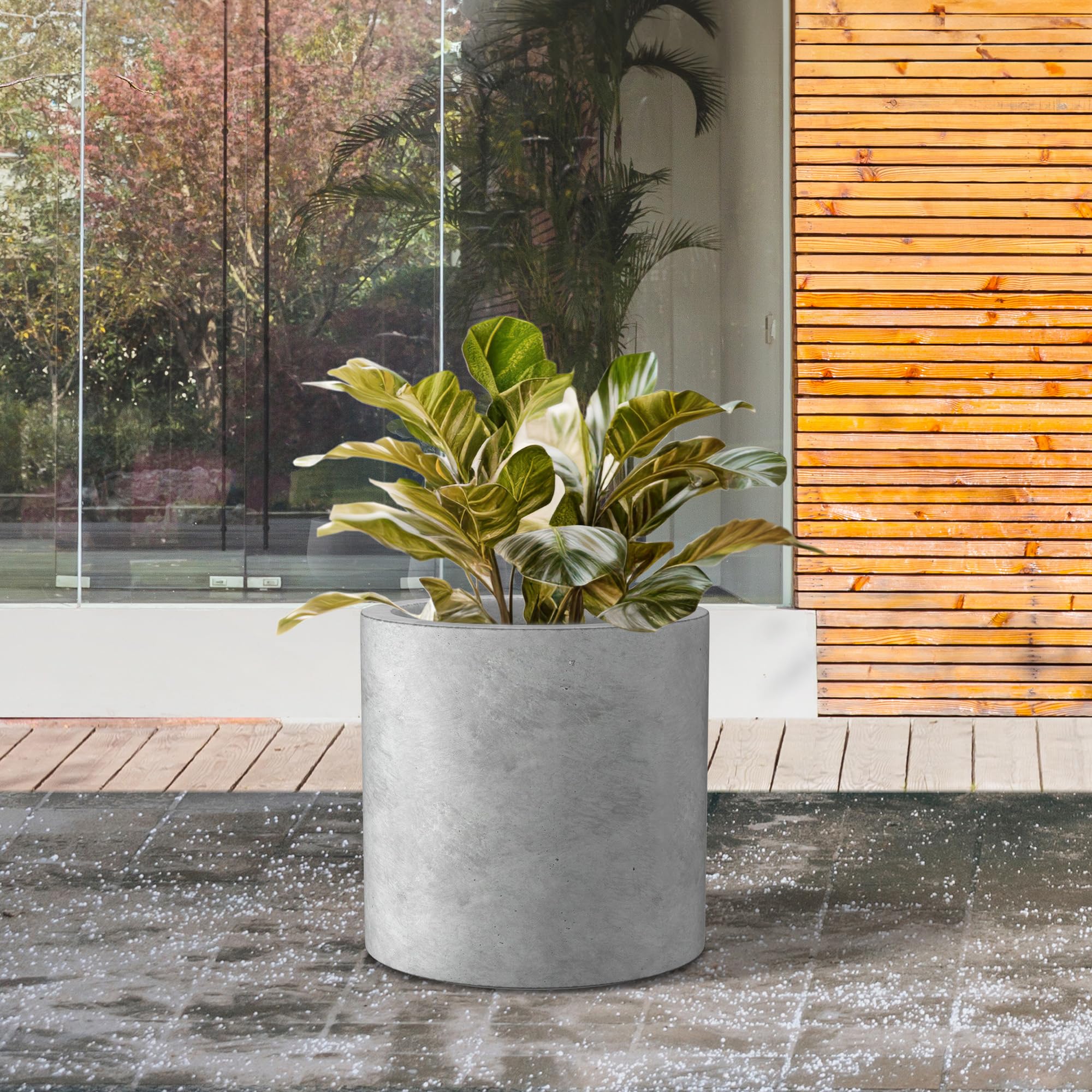 Kante 9.8" Dia Round Concrete Planter, Modern Style Large Cylindrical Plant Pot with Drainage Hole and Rubber Plug for Indoor Outdoor Patio, Natural Concrete - Image 6