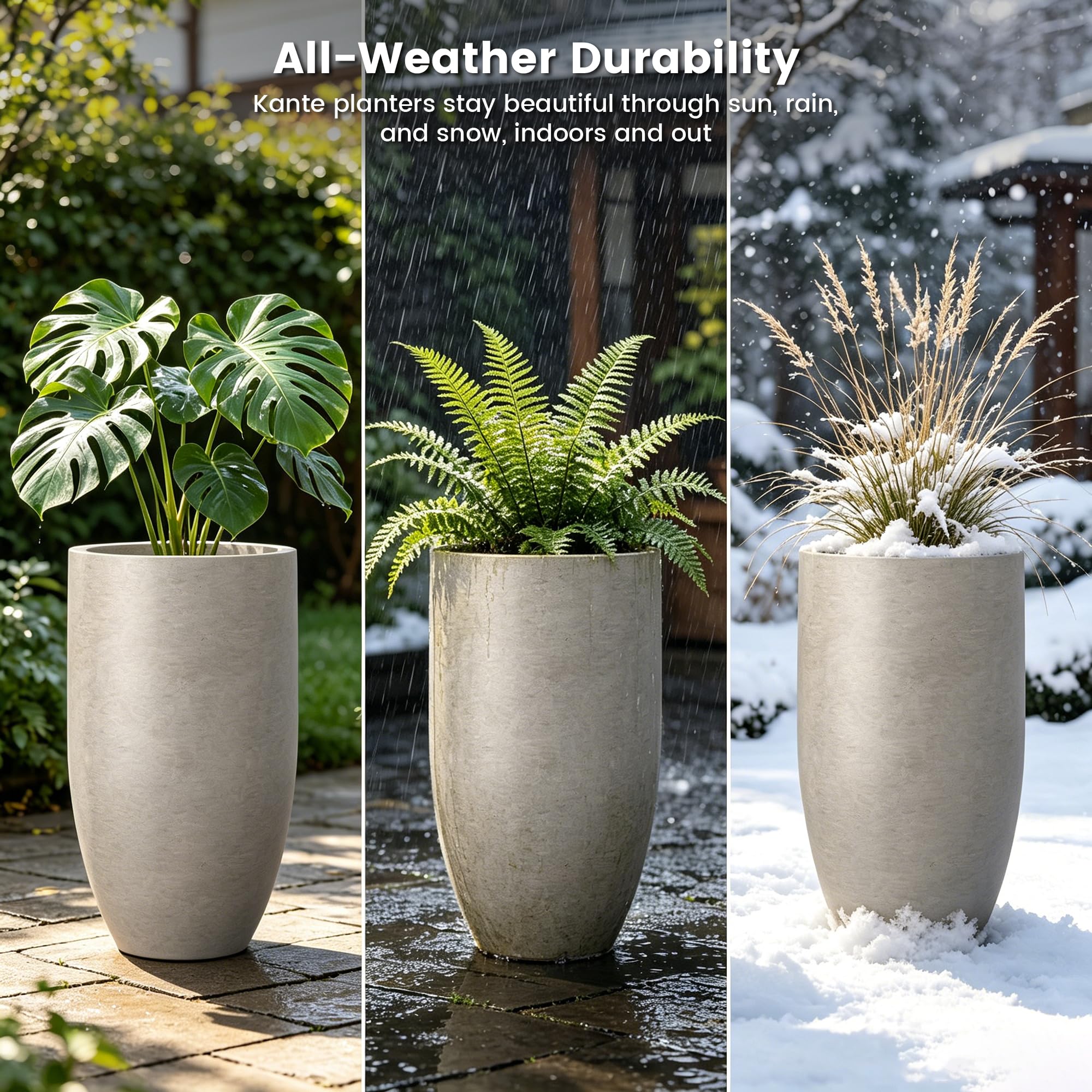 Kante 24" Tall Round Concrete Planter, 2 Pack Large Oval Plant Pots with Drainage Hole & Rubber Plug, Lightweight Weathered Concrete for Home Decor, Symmetrical Gift for Living Room Patio - Image 6