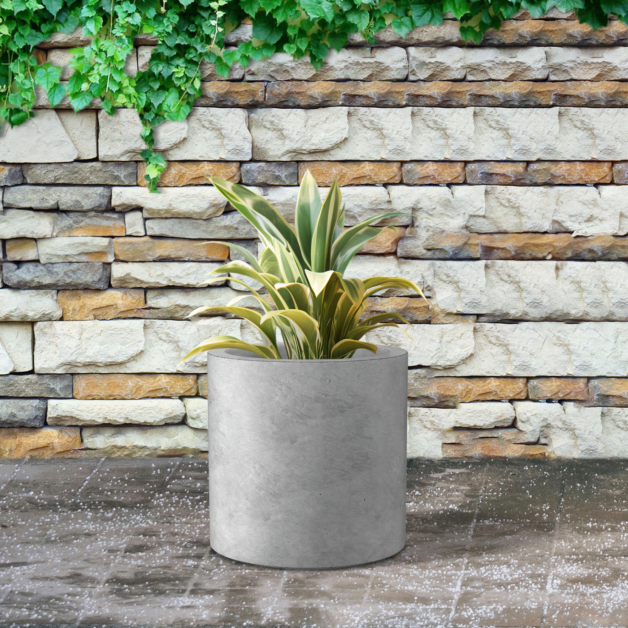 Kante 9.8" Dia Round Concrete Planter, Modern Style Large Cylindrical Plant Pot with Drainage Hole and Rubber Plug for Indoor Outdoor Patio, Natural Concrete - Image 5
