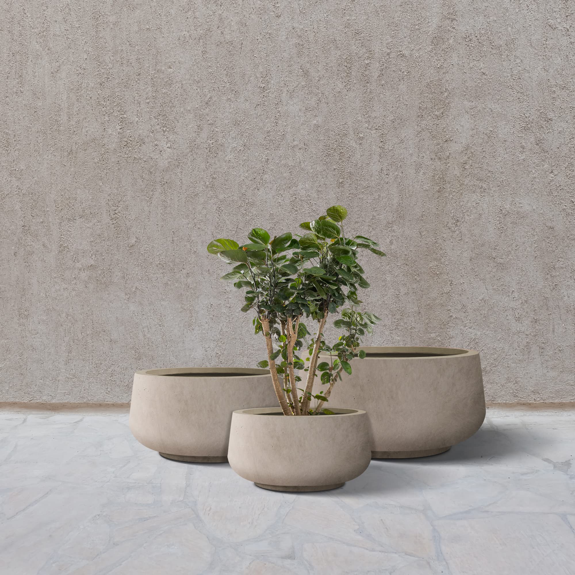 Kante 21.6",16.9",and 12.5" Dia Round Weathered Concrete Elegant Planters (Set of 3), Outdoor Indoor Garden Plant Pot with Drainage Hole and Rubber Plug for Home & Patio - Image 4