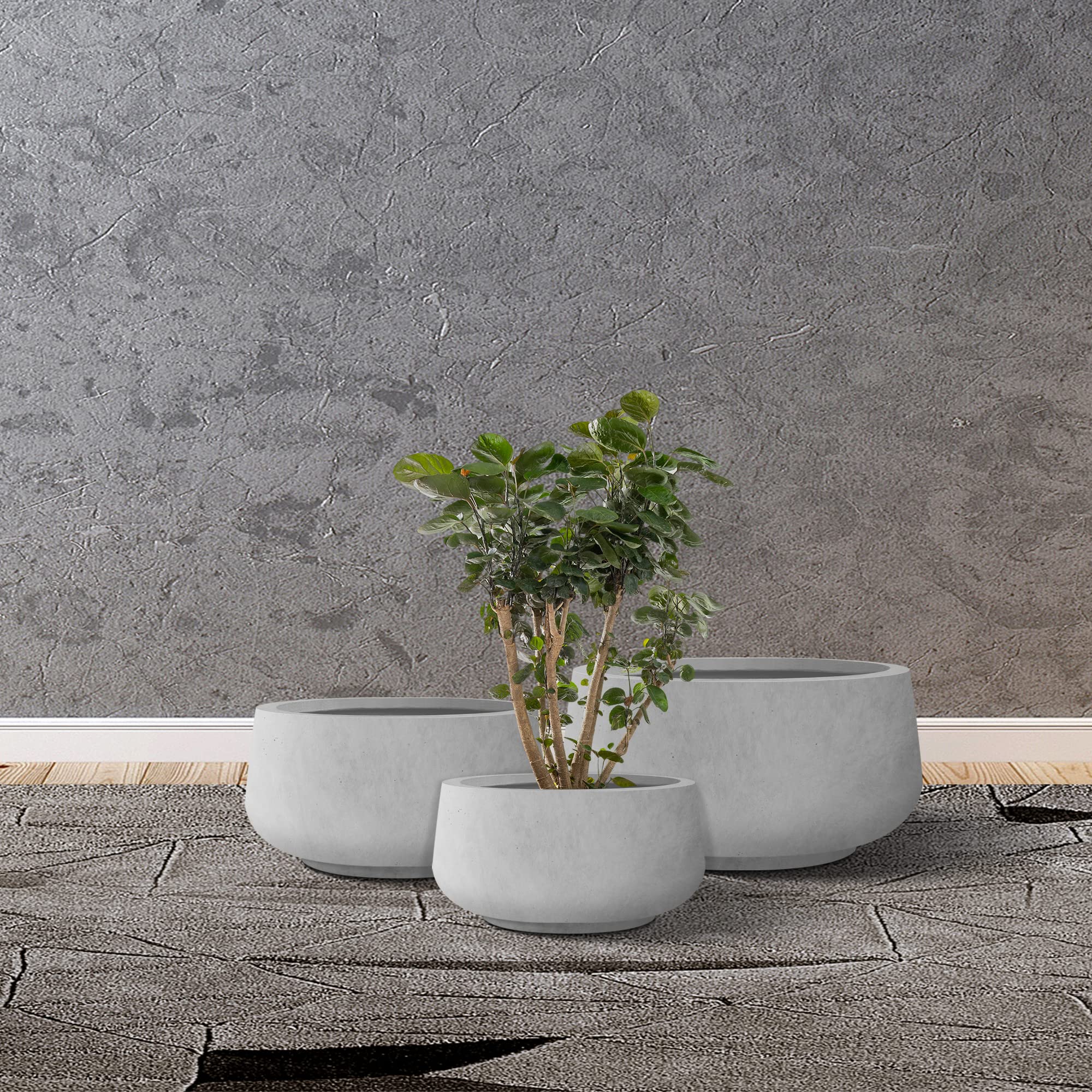 Kante 21.6",16.9",and 12.5" Dia Round Natural Concrete Elegant Planters (Set of 3), Outdoor Indoor Garden Plant Pot with Drainage Hole and Rubber Plug for Home & Patio - Image 5
