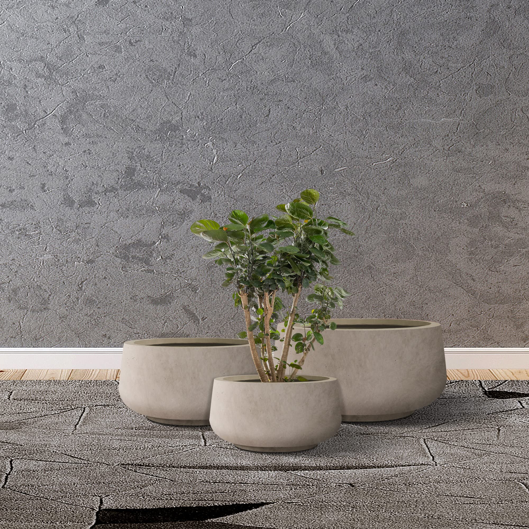 Kante 21.6",16.9",and 12.5" Dia Round Weathered Concrete Elegant Planters (Set of 3), Outdoor Indoor Garden Plant Pot with Drainage Hole and Rubber Plug for Home & Patio - Image 5